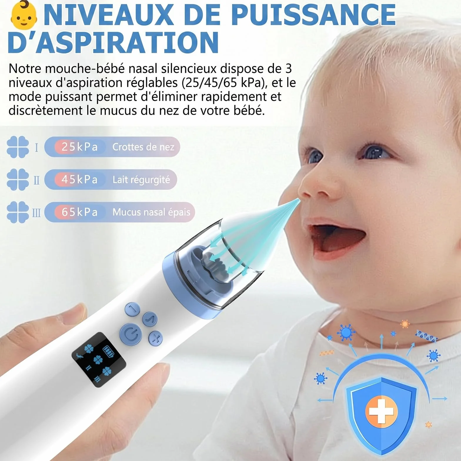 Aspirateur Nasal Électrique Bébé Rechargeable 3 Niveaux d'Aspiration 2 Embouts Musique Lumière Douce