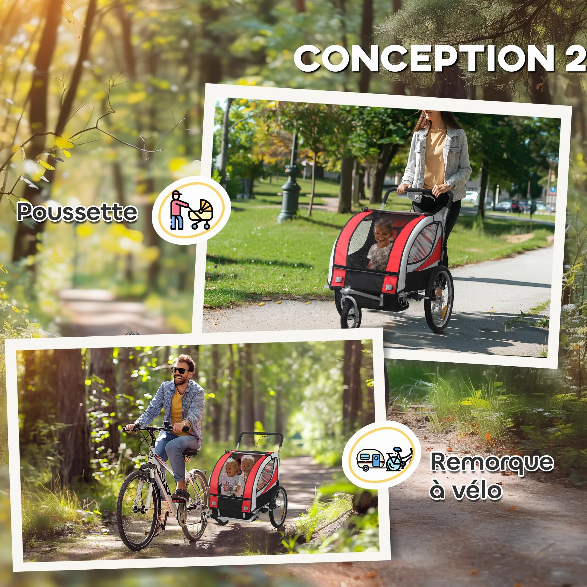 HOMCOM Remorque Velo Enfant 2 en 1 Poussette vélo bébé 2 Places, Ceinture sécurité 5 Points, Charge 40 Kg, Rouge