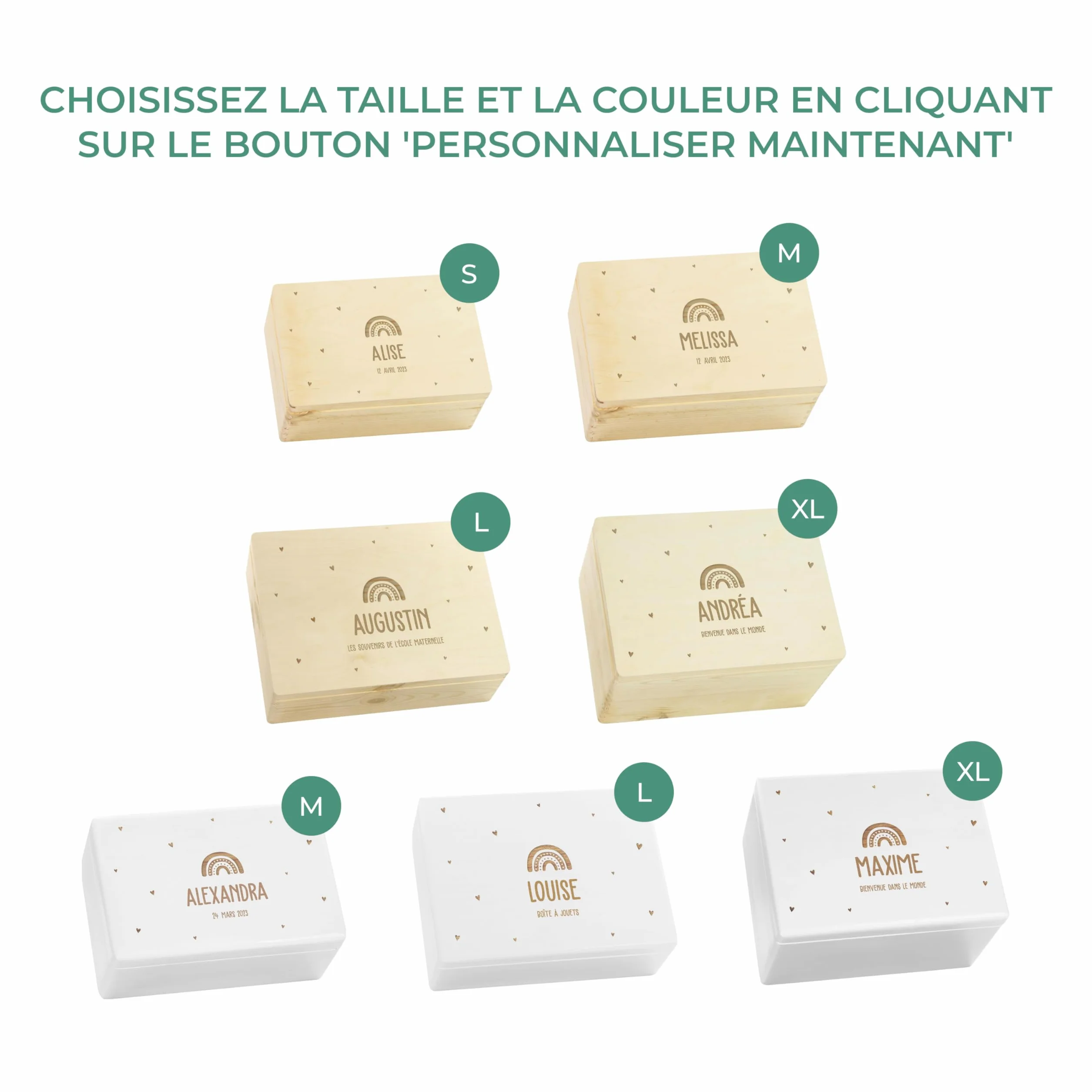 LAUBLUST Boîte à souvenirs bébé personnalisée - Cadeau de naissance avec nom, Arc-en-ciel avec cœurs, tailles S M L XL, bois naturel & blanc FSC