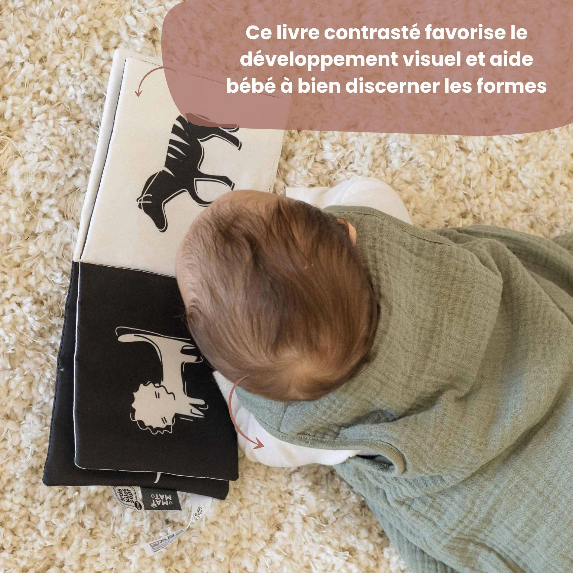 Livre d'éveil Noir et Blanc en Tissu pour bébé 15 cm x 15 cm