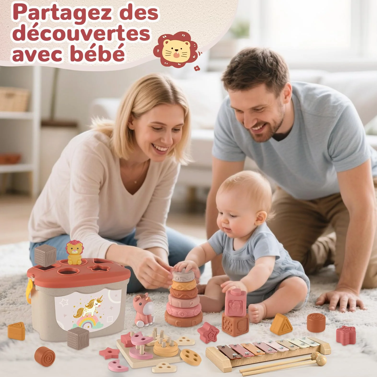 Jouet Montessori Bébé 6-12 Mois 5-en-1 Xylophone en Bois Cubes à Empiler Trieur de Formes Jouet Sensoriel Éducatif