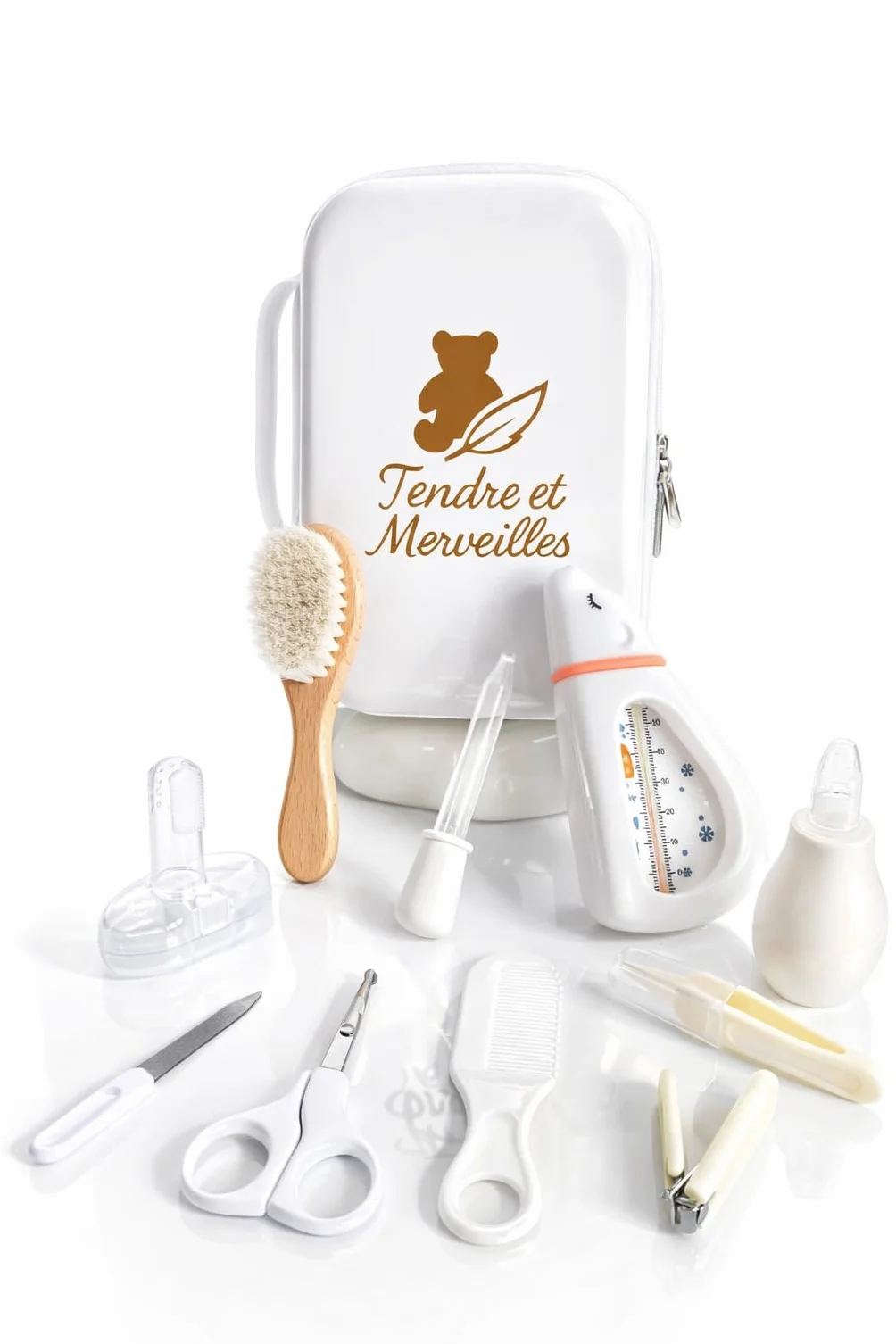 Trousse de Soin Bébé Kit Complet 10 Accessoires Sans BPA Brosse en Bois Coupe-Ongles Ciseaux Cadeau de Naissance