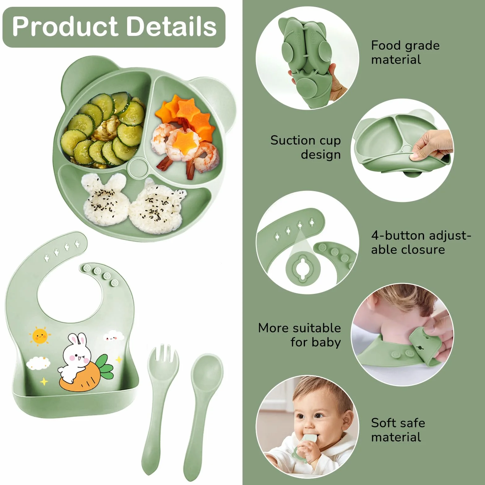 Coffret Repas Bébé 11 pièces Silicone Antidérapant avec Ventouse Assiette Bol Fourche Cuillère Bavoir Tasse Sans BPA Vert foncé