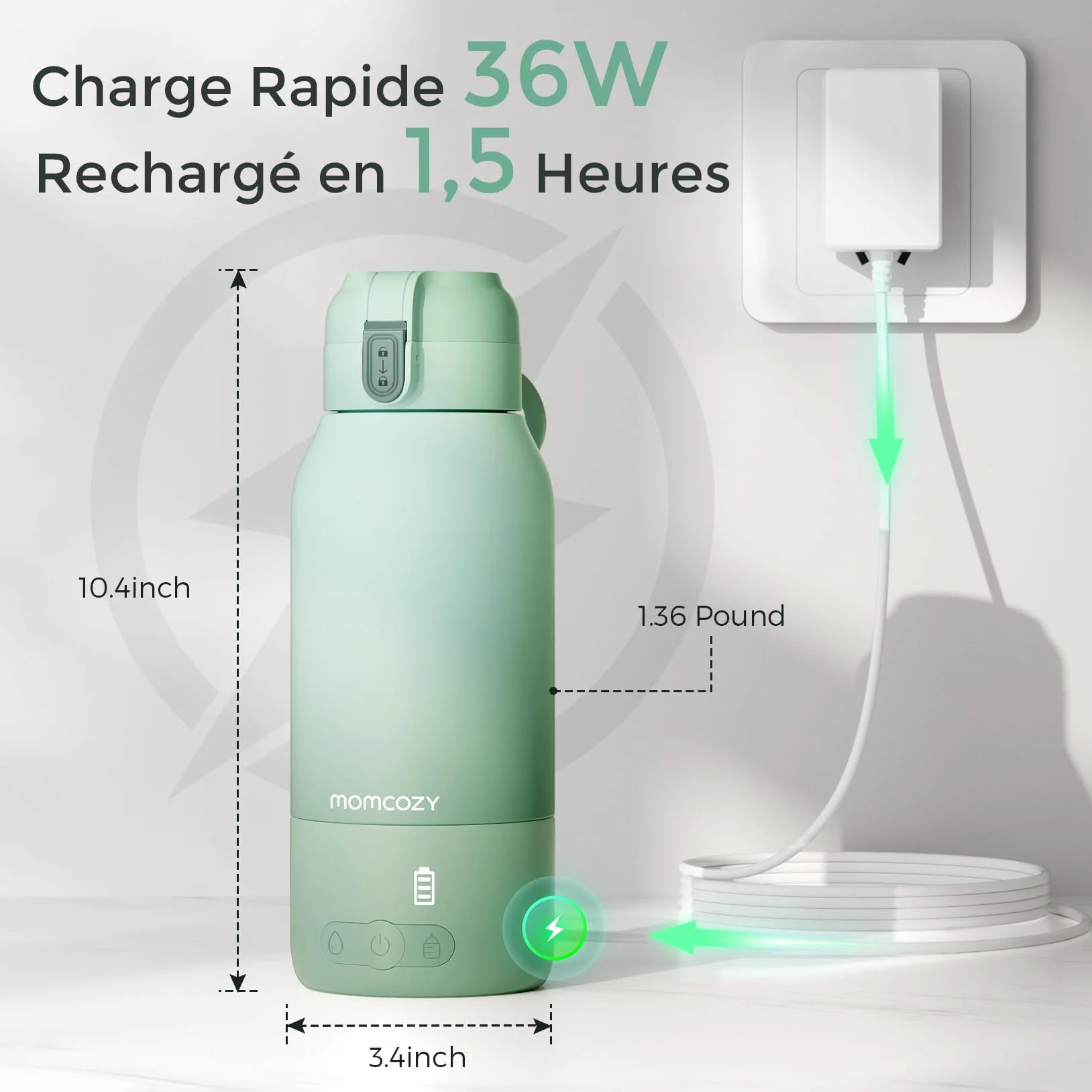 Momcozy Chauffe Biberon Portable sans Fil 500ml, Chauffage Rapide 2 Modes pour Lait Maternel et Eau