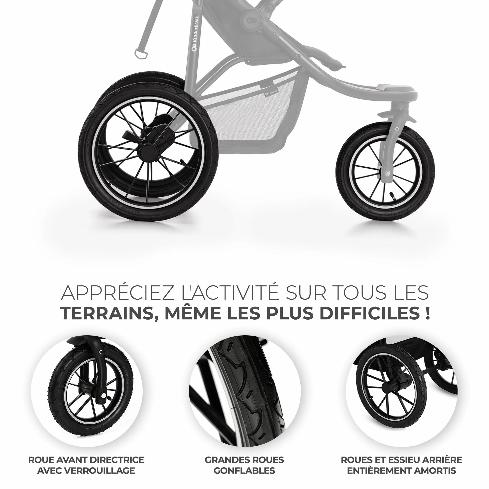 Kinderkraft HELSI 2 Jogger Poussette Sportive 3 Roues Dès La Naissance 22 Kg Réglable Gris