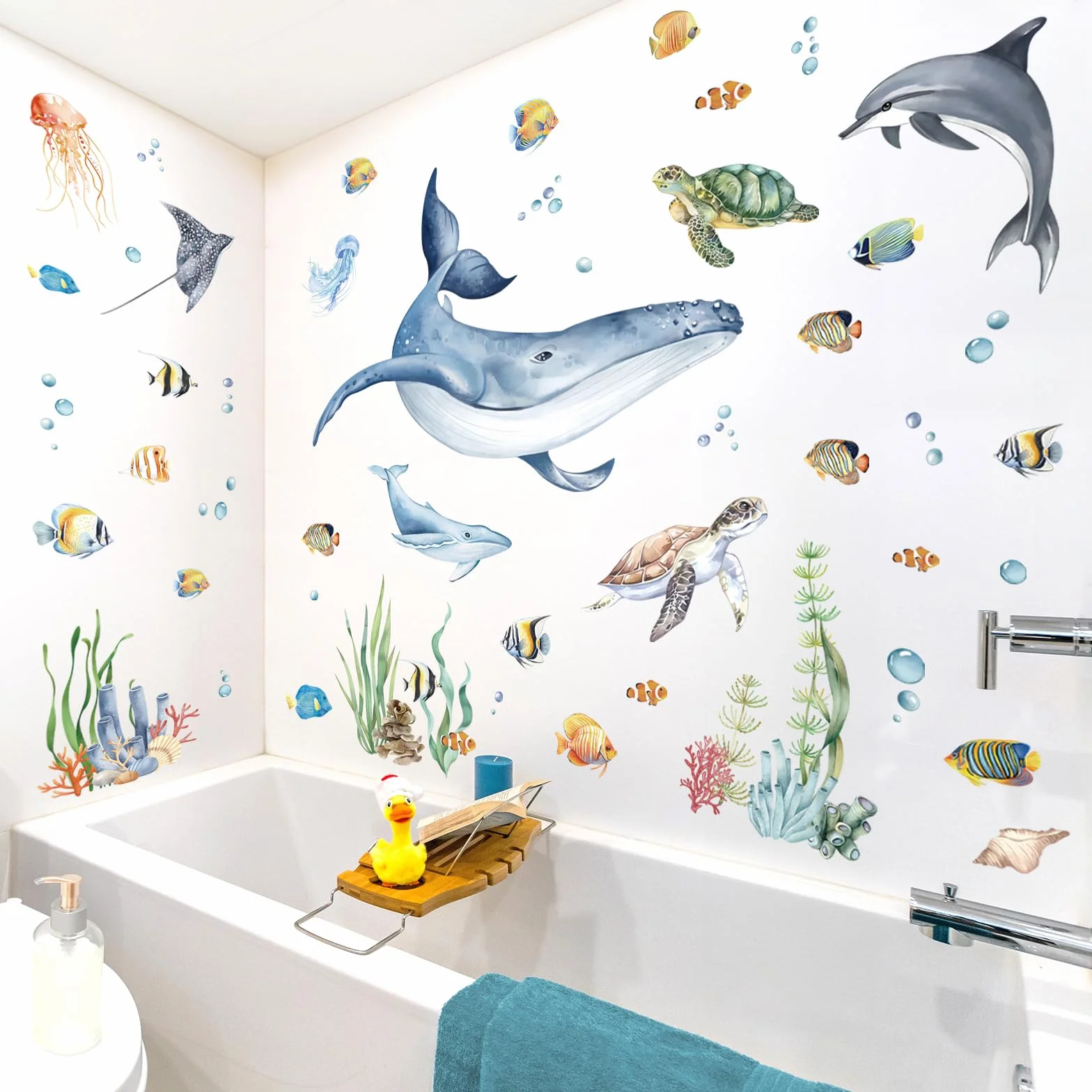 Decalmile Stickers Muraux Sous la Mer Poisson Autocollant Mural Océan Baleines Dauphin Décoration Murale Bébé