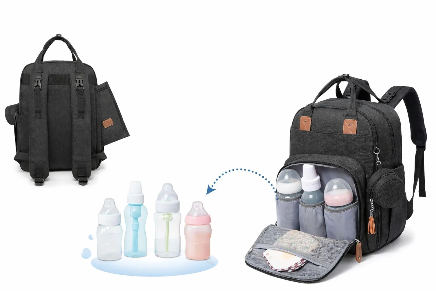 Sac à langer bébé 18 poches grande capacité avec tapis à langer isotherme porte-sucette Noir