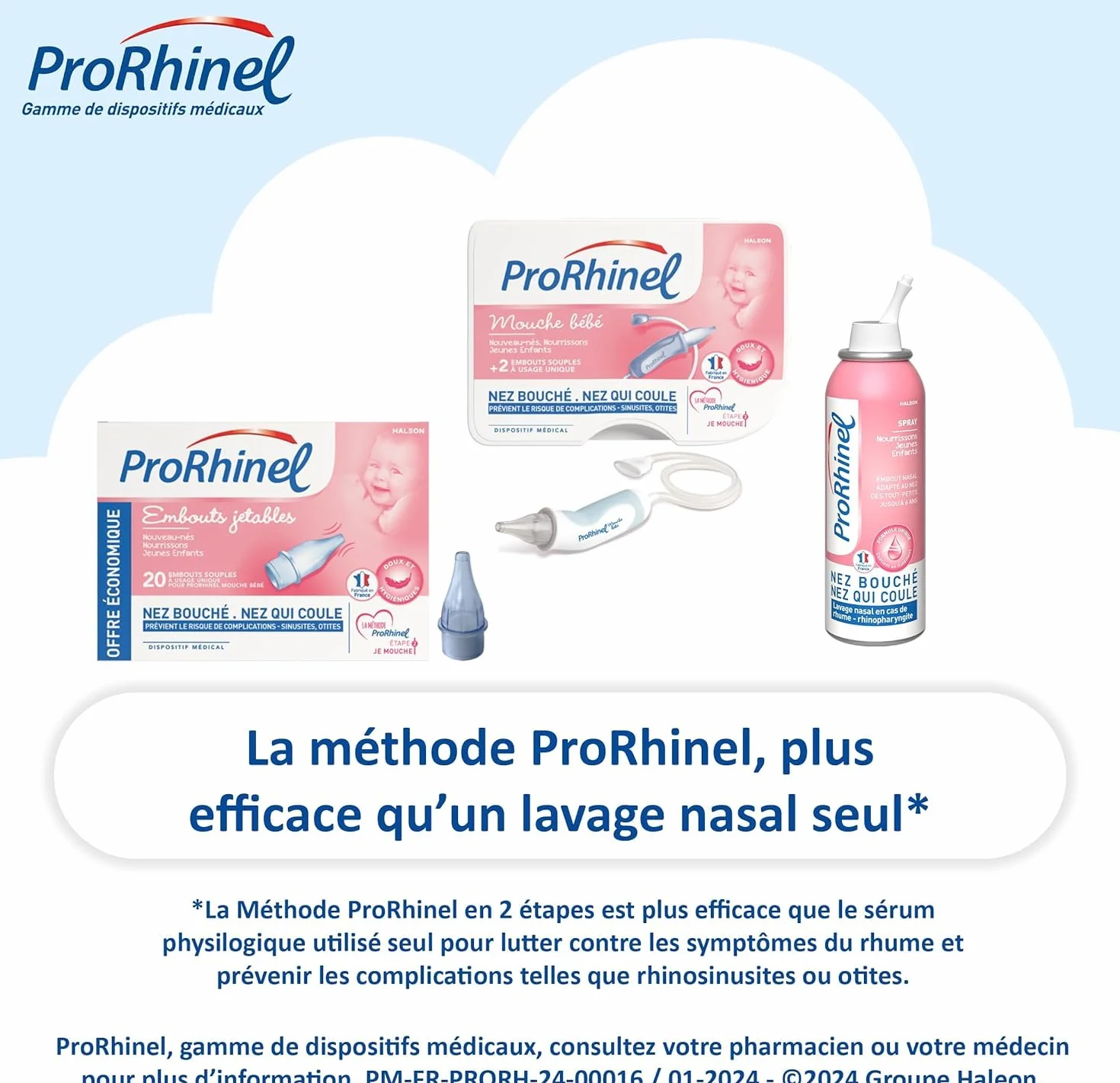 Kit Mouche Bébé Manuel PRORHINEL 3x20 Embouts Jetables Souples Lavage Nez Bouché