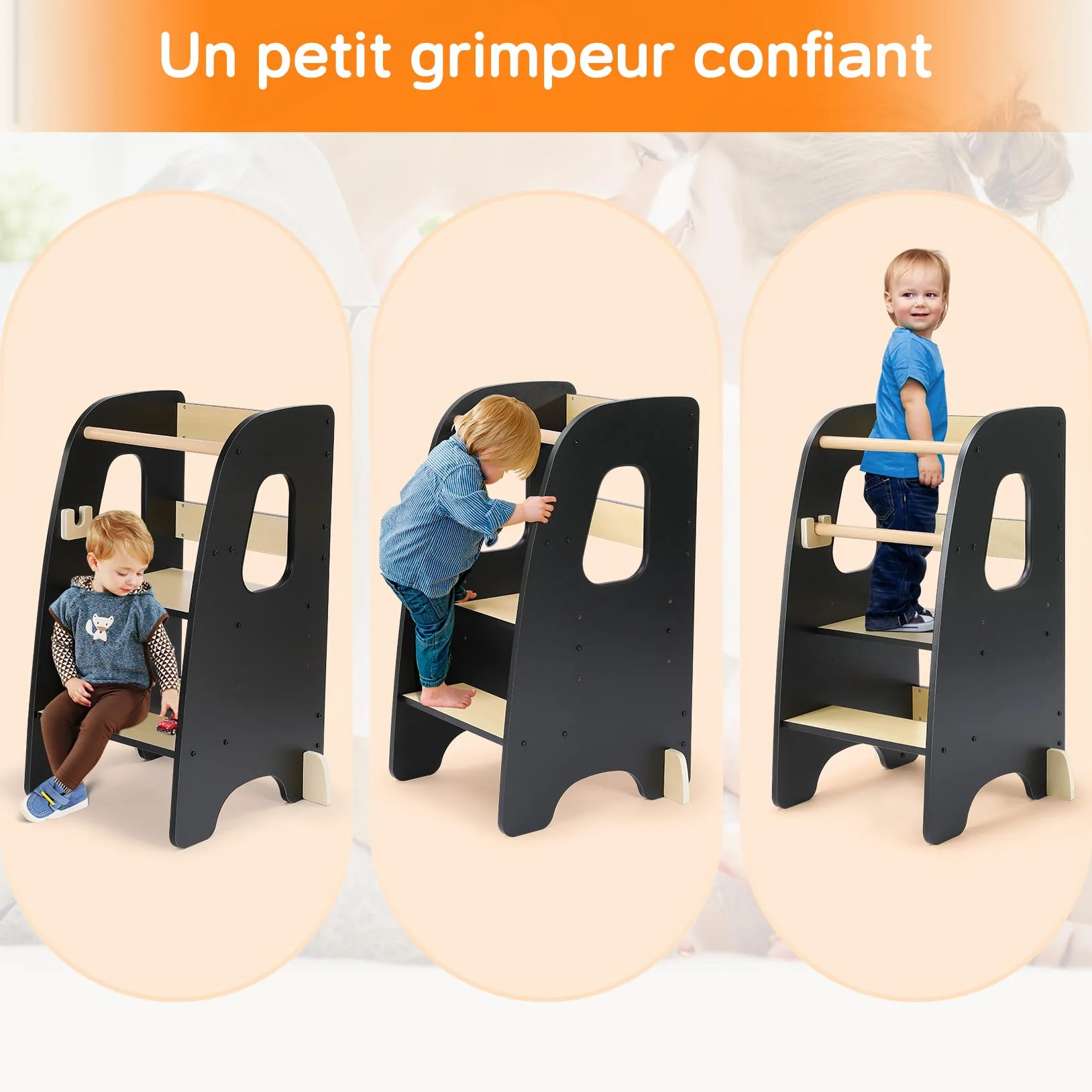 Tour d'apprentissage Montessori pour Enfants en Bois Noir 3 Hauteurs Réglables