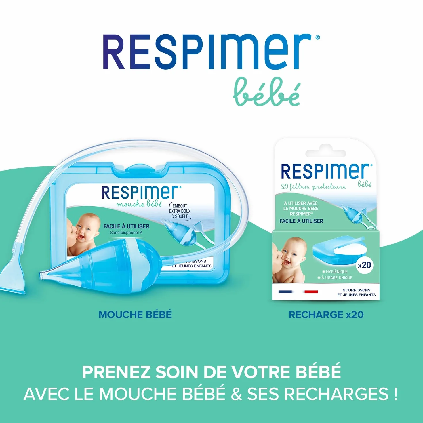 RESPIMER Mouche Bébé - Evacuer l'excès de mucus - Rhume & Rhynopharyngite - Nourrissons et jeunes enfants - Sans Bisphénol A - 5 Filtres jetables hygiéniques - Fabriqué en France