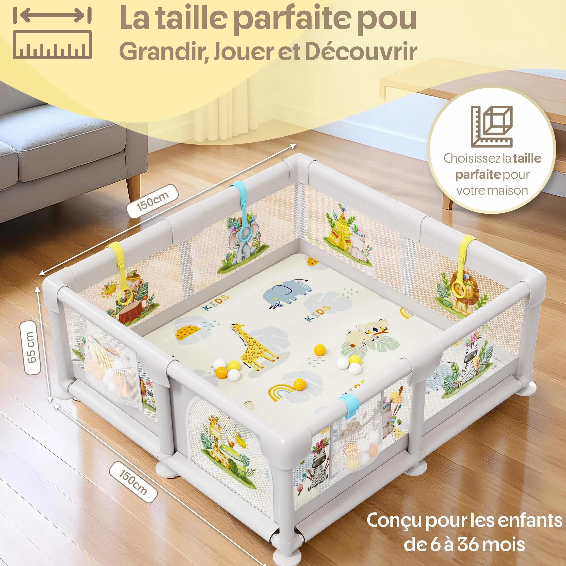 Parc Bébé 150x150cm avec Illustrations, Parc de Jeux Rembourré avec Tapis Réversible, Livre Sensoriel, Balles Colorées et Anneaux d’Appui