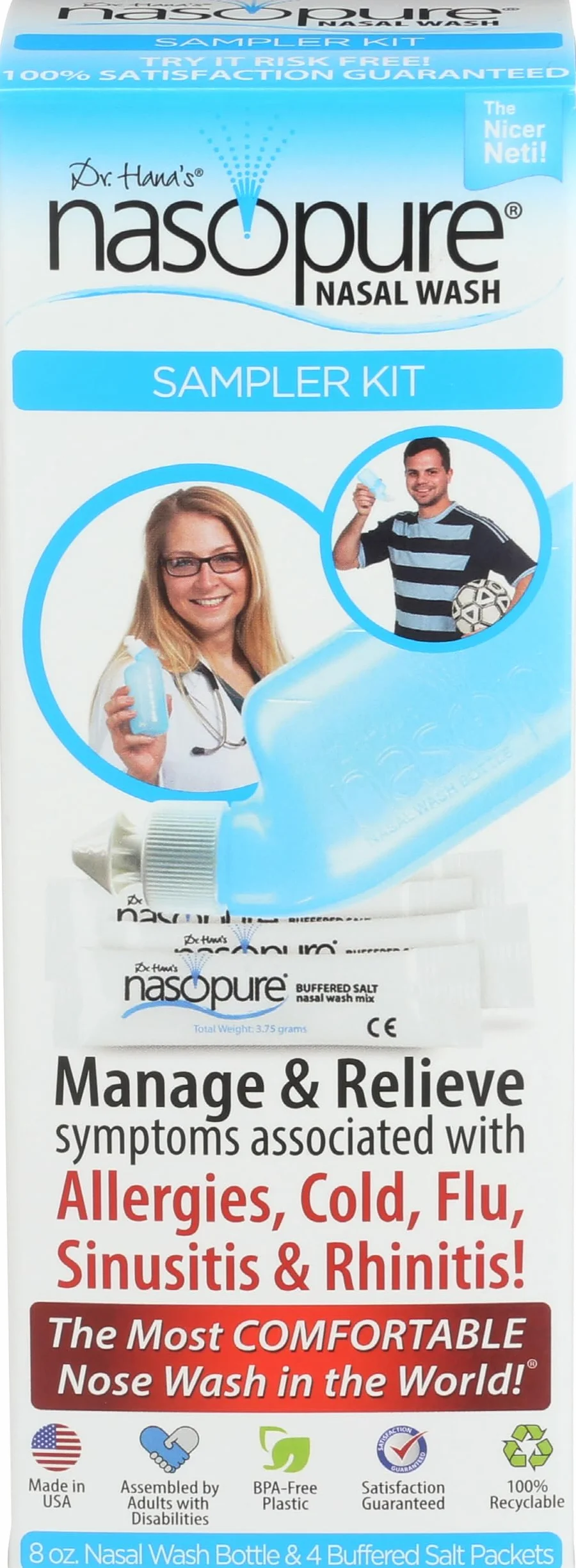 DR HANA'S NASOPURE Le "Pot Neti Nicer" Sampler Kit 8 Bouteille Avec 4 onces Tamponnés Sel Packets Allergie Congestion Relief Lavage Nasal