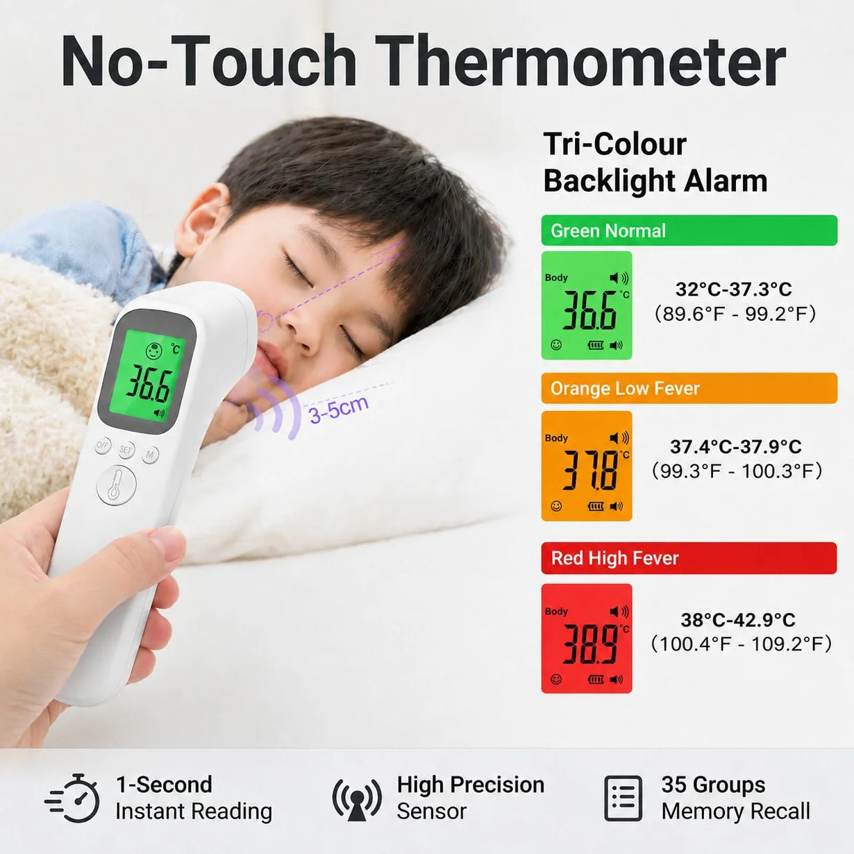 Thermomètre Frontal Sans Contact Infrarouge Médical Numérique pour Bébé Enfant Adulte Écran LCD Rétroéclairé 3 Couleurs Alarme Fièvre
