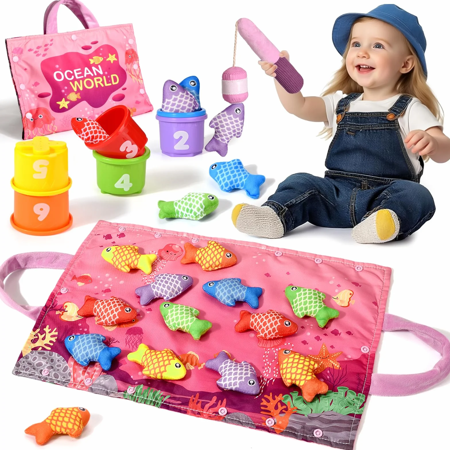 Jouet Montessori Pêche à la Ligne pour Enfant 1 2 3 Ans, Apprendre les Couleurs, Cadeau Fille Garçon 6-18 Mois