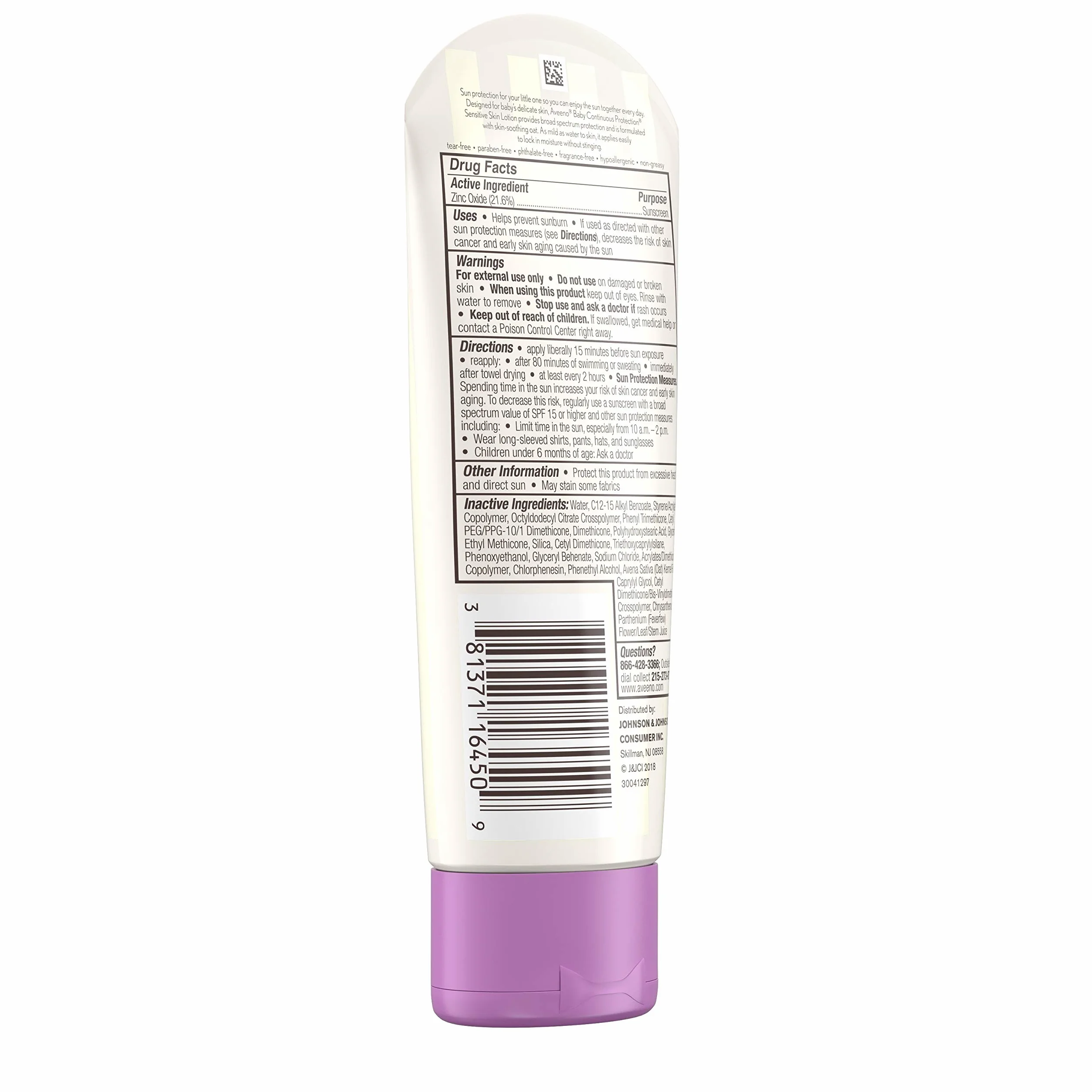 Aveeno Baby Continuous Protection Zinc Oxide Mineral Sunscreen Lotion SPF 50, Water Resistant, 3.0 Fl. Oz