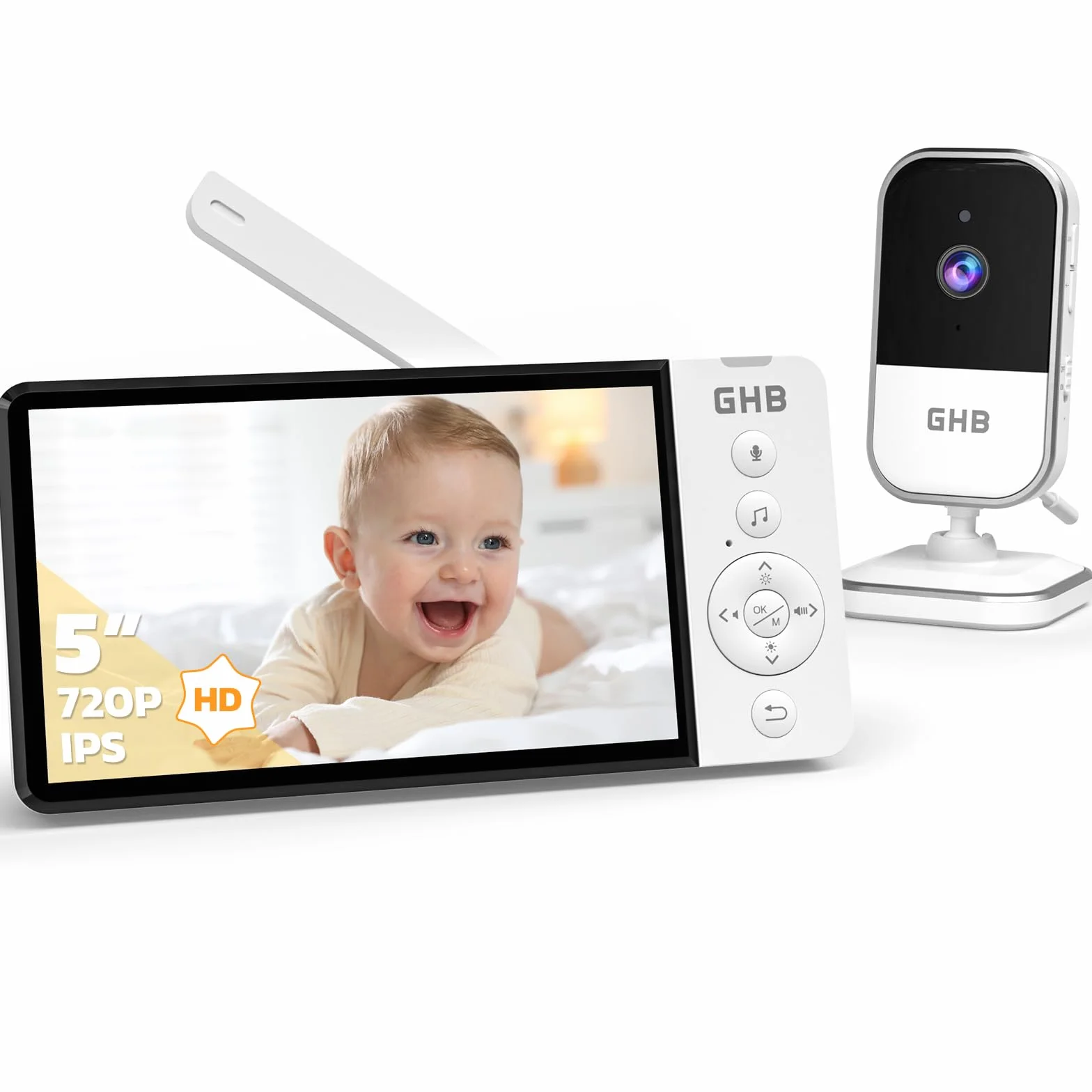 GHB Moniteur bébé caméra vision nocturne 12,7 cm HD 720p audio bidirectionnel alerte température 8 berceuses mode VOX
