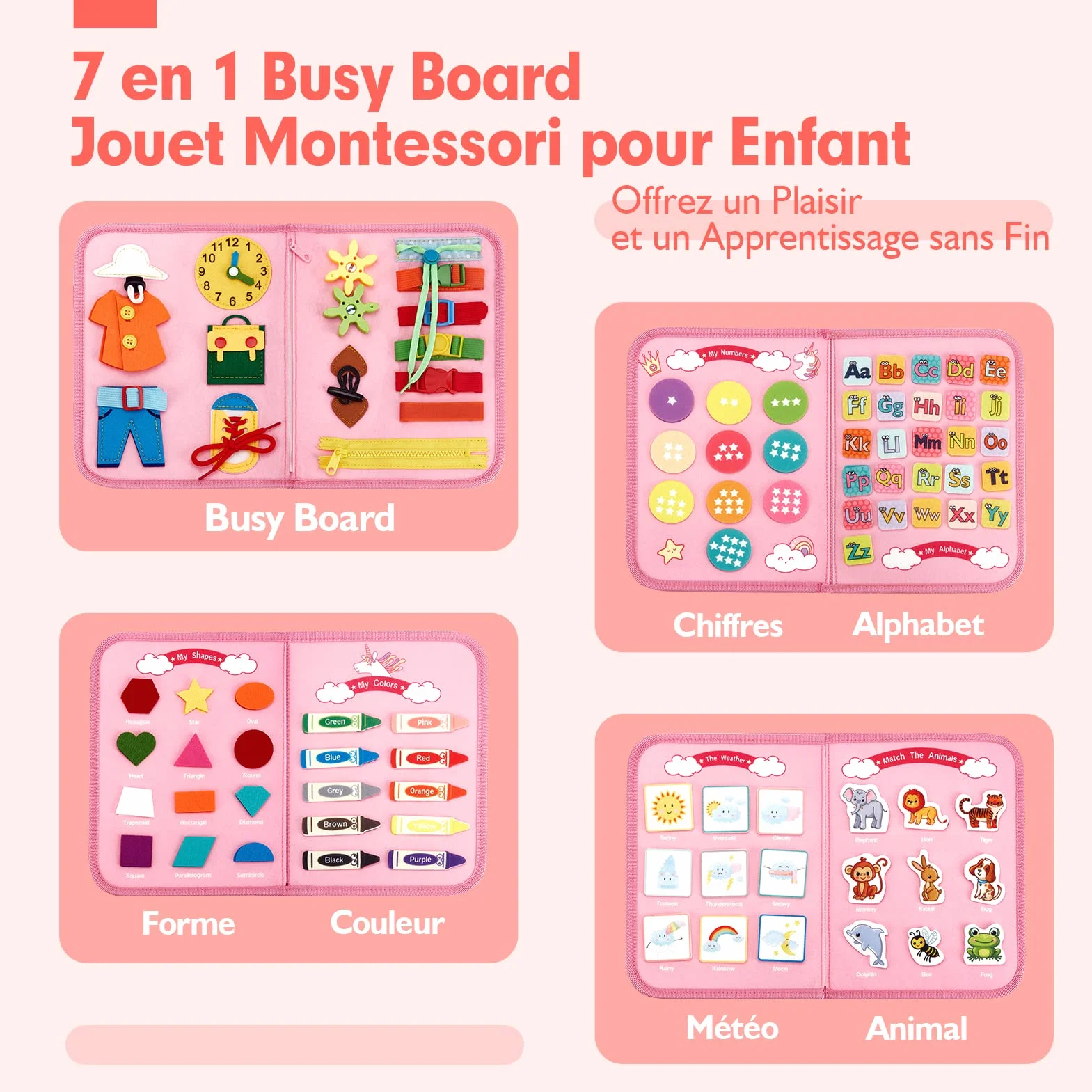 hahaland Busy Board Jouet Montessori 7 en 1 Licorne Jouet Éducatif 5 Couches Planche