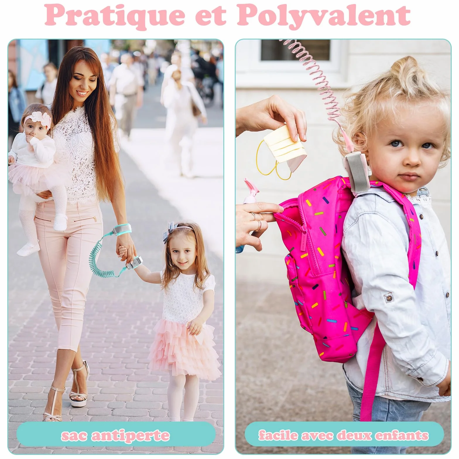 Laisse Enfant Anti-Perte 2,5m Harnais Rotation 360° Serrure à Clé Bracelet Sécurité Réfléchissant Silicone Rose Vert