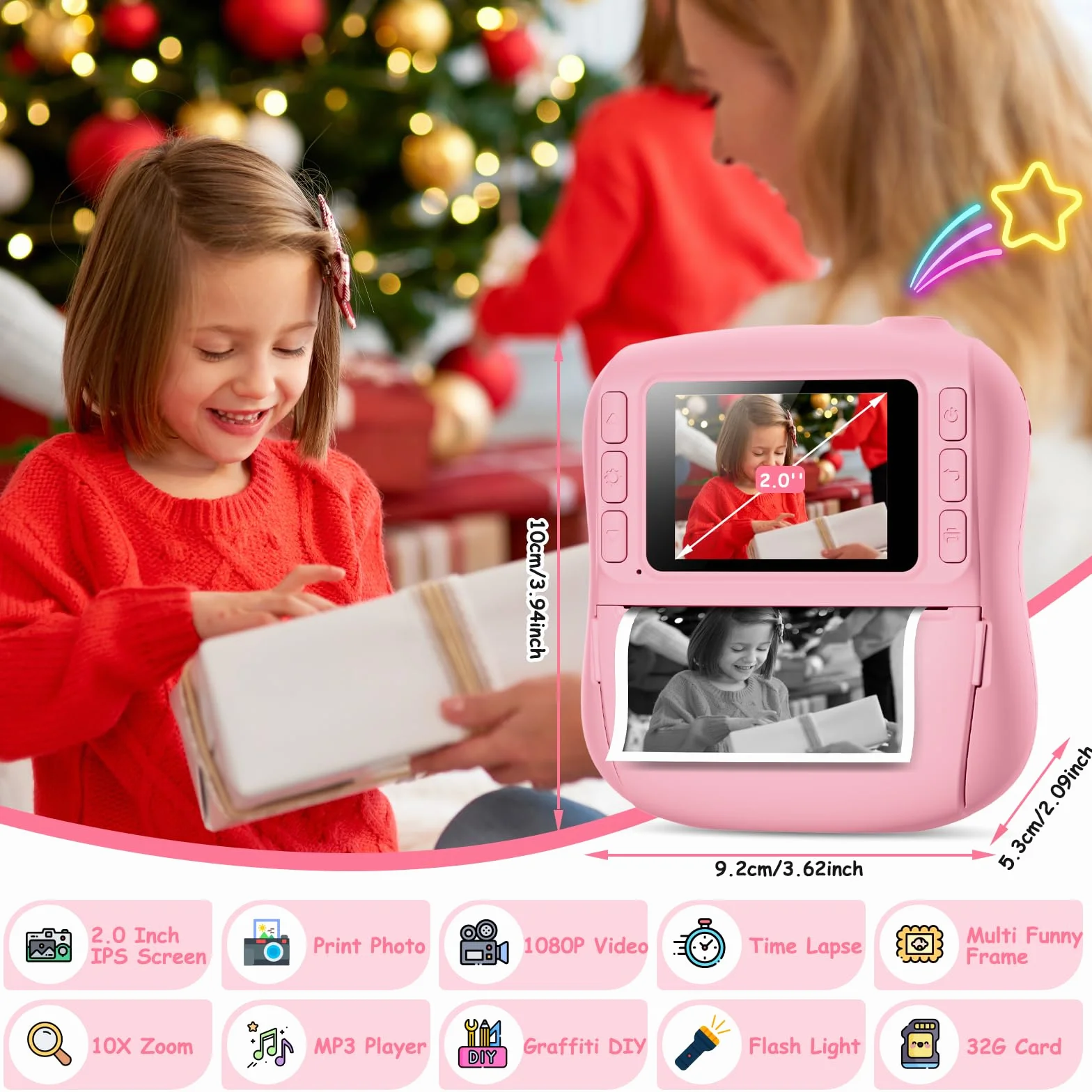 Appareil Photo Instantané Enfant 2,0 Pouces Écran HD avec Carte 32GB et 3 Rouleaux Papier Impression Cadeau Jouet Garçons Filles 3-10 Ans Rose