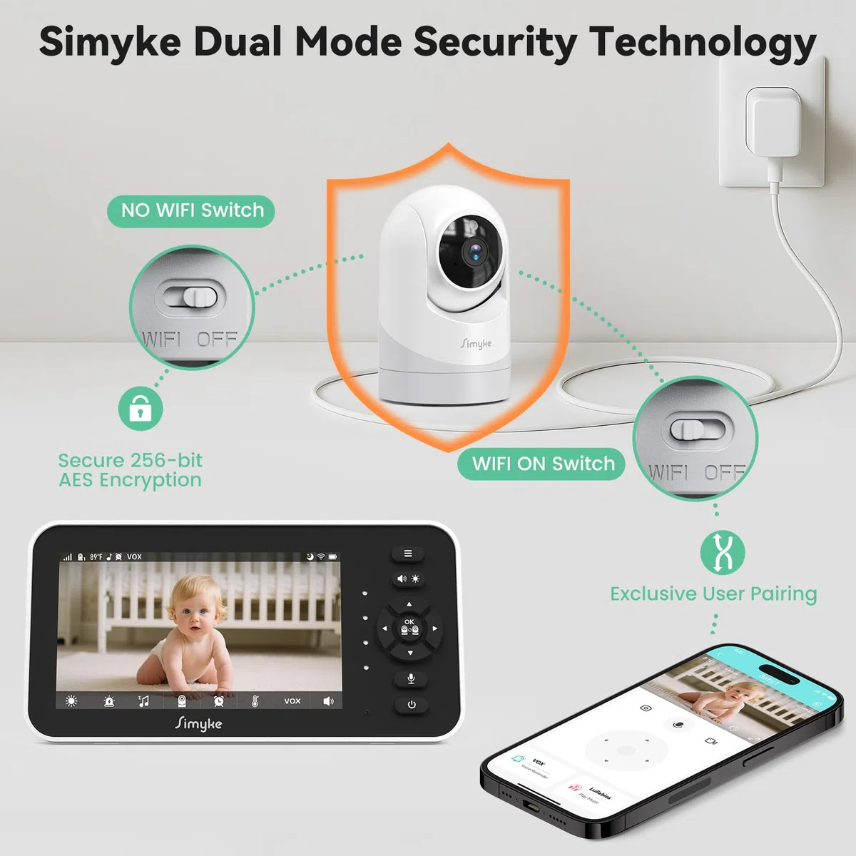 Simyke Moniteur vidéo pour bébé 1080p avec 2 caméras - Écran IPS de 12,7 cm avec contrôle par application, vision nocturne HD, alertes de mouvement, conversation bidirectionnelle, accès