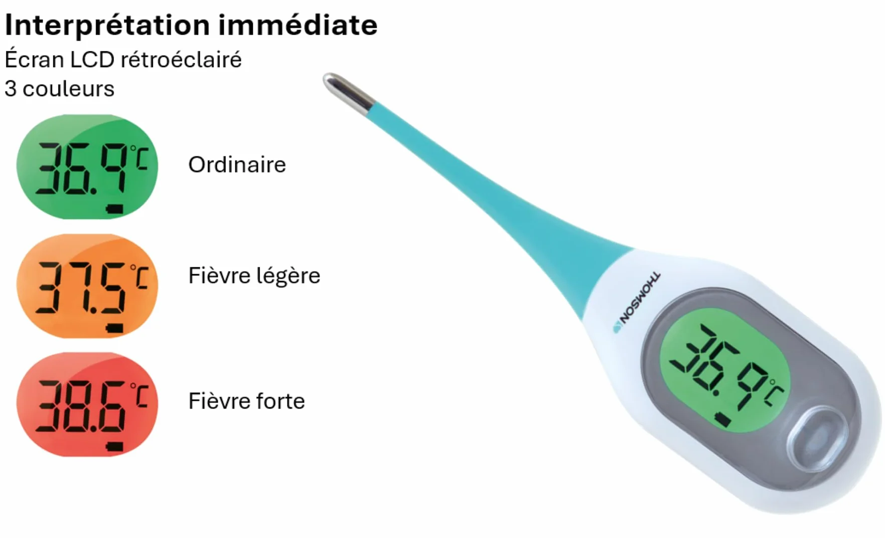 THOMSON Thermo D3 Thermomètre Digital Haute Précision Mesure Rapide <10s Écran LCD Rétroéclairé 3 Couleurs Mémoire Usage Oral Axillaire Rectal Étanche IP27