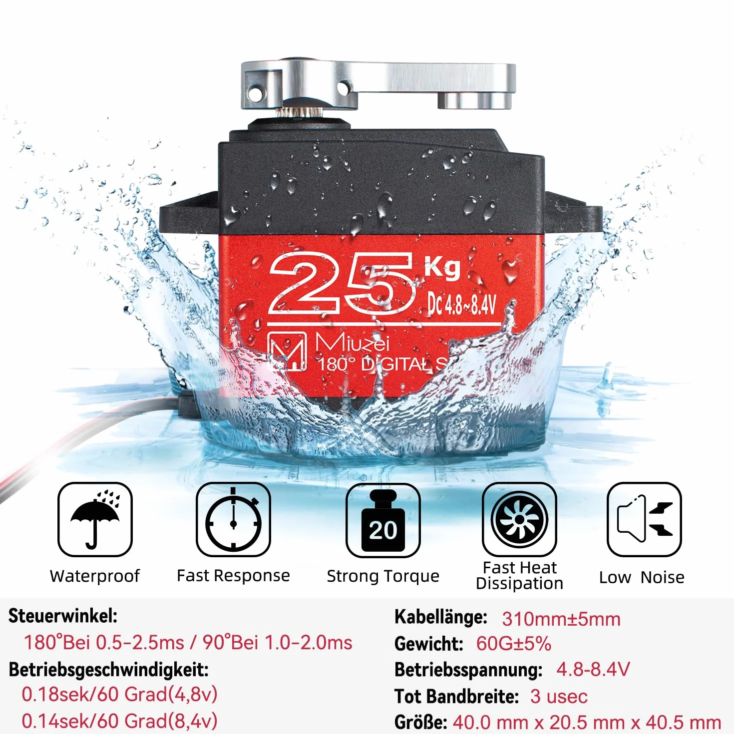 Miuzei Servo 25kg Digital Standard 180 Metal Waterproof Compatible Arduino RC Voiture 1/10 1/8