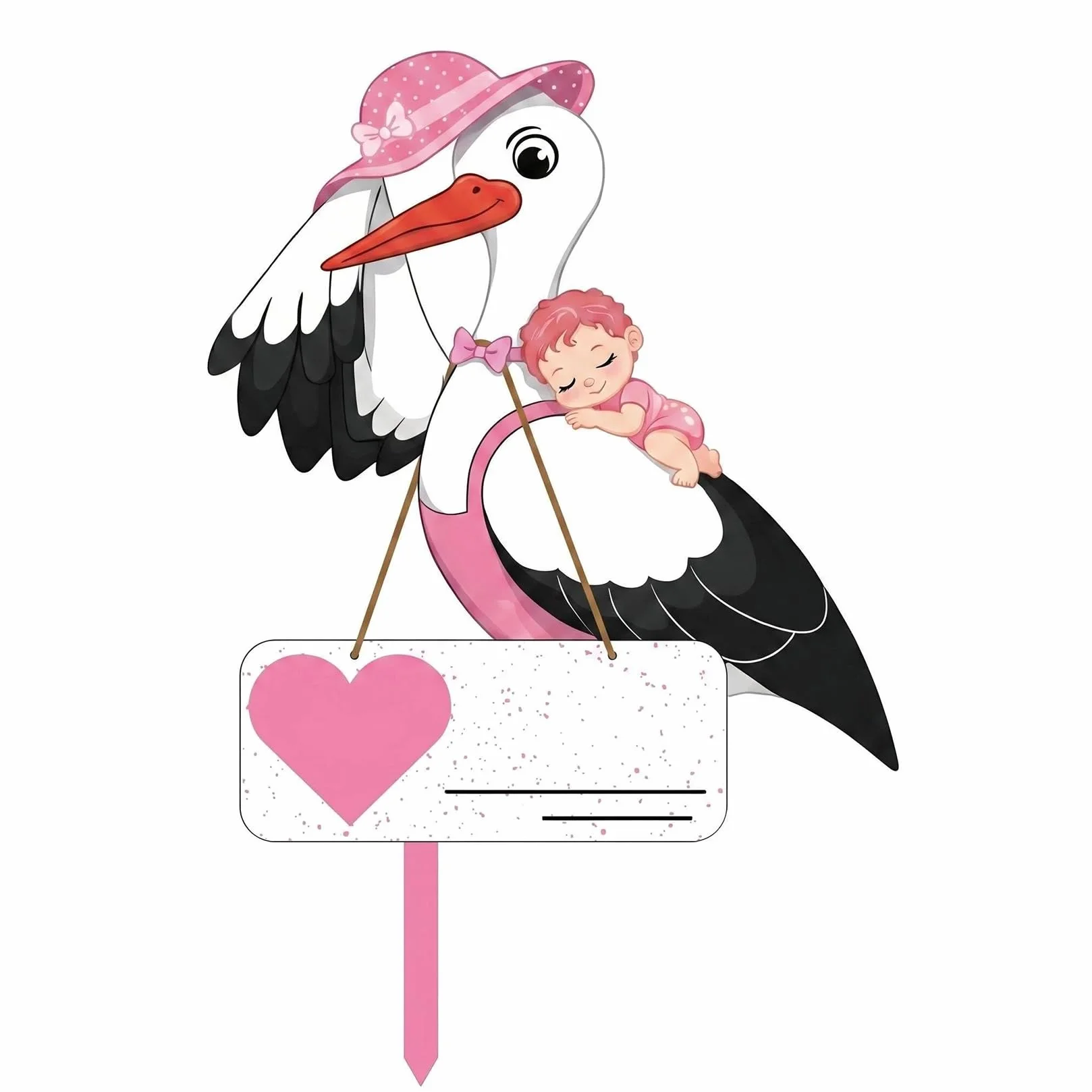 Cigogne à Clapette Naissance Bébé Imprimé Deux Faces Bâton Bois Plaque Nominative Intérieur Extérieur Cadeau (Rose)