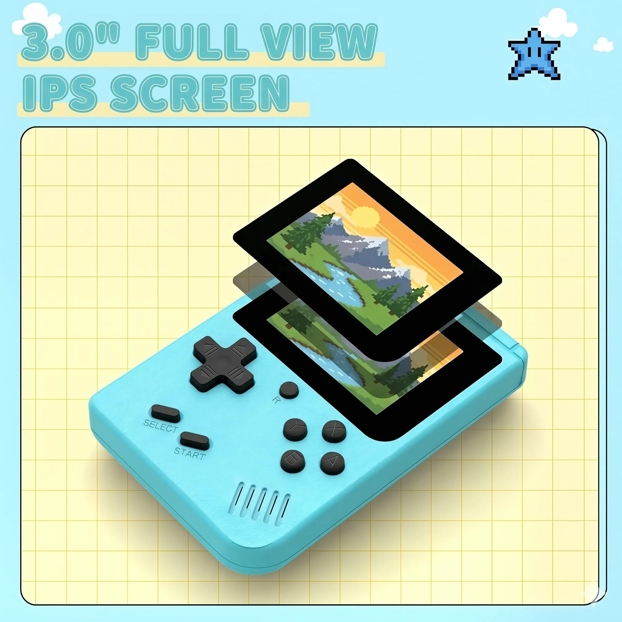 Console de Jeux Rétro Portable Mini 500 Jeux Intégrés Écran IPS 3.0 Pouces Batterie Rechargeable Bleu