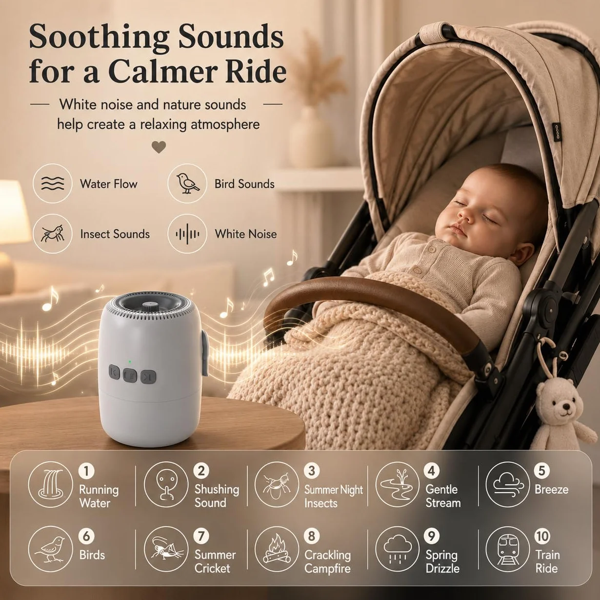 Baby Rocker Rechargeable avec 5 Niveaux d’Oscillation et Bruit Blanc - Réglable, Ultra-Silencieux, USB-C, 2 Supports Universels pour Toutes les Poussettes (Blanc)