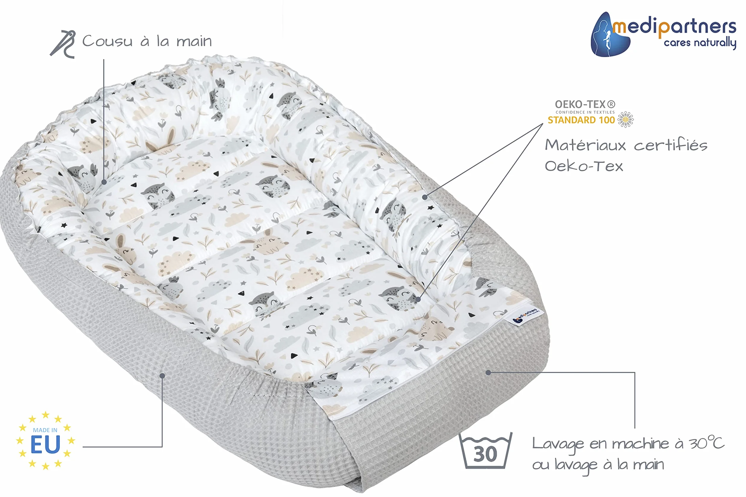 Réducteur de Lit Bébé 100x60x15cm Cocon Naissance Couffin Nid d'Ange 100% Coton Gaufre Gris