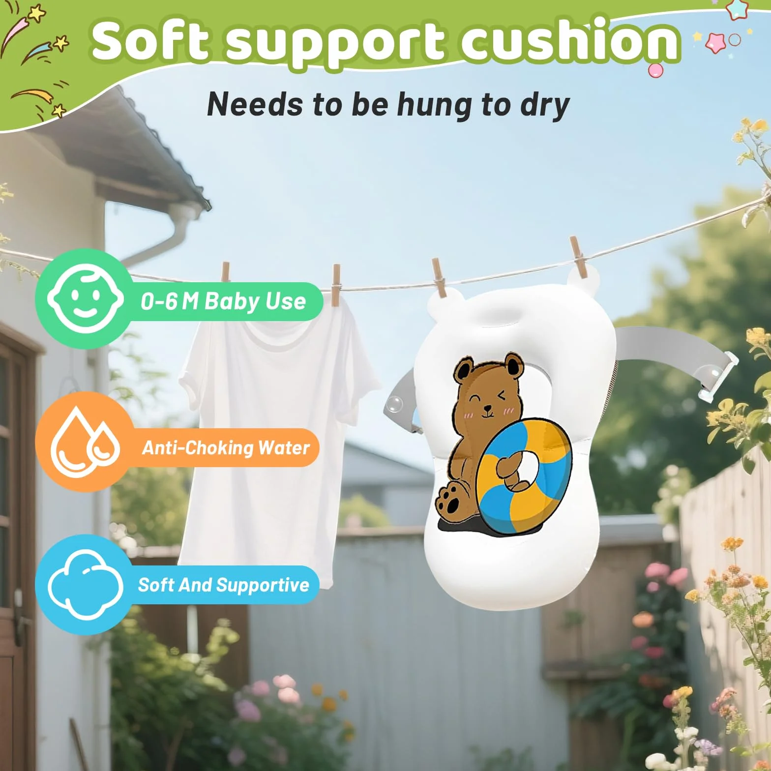 Baignoire Bébé Pliable avec Coussin de Bain et Thermomètre Intégré, Bouchon d'Évacuation, Vert Ours