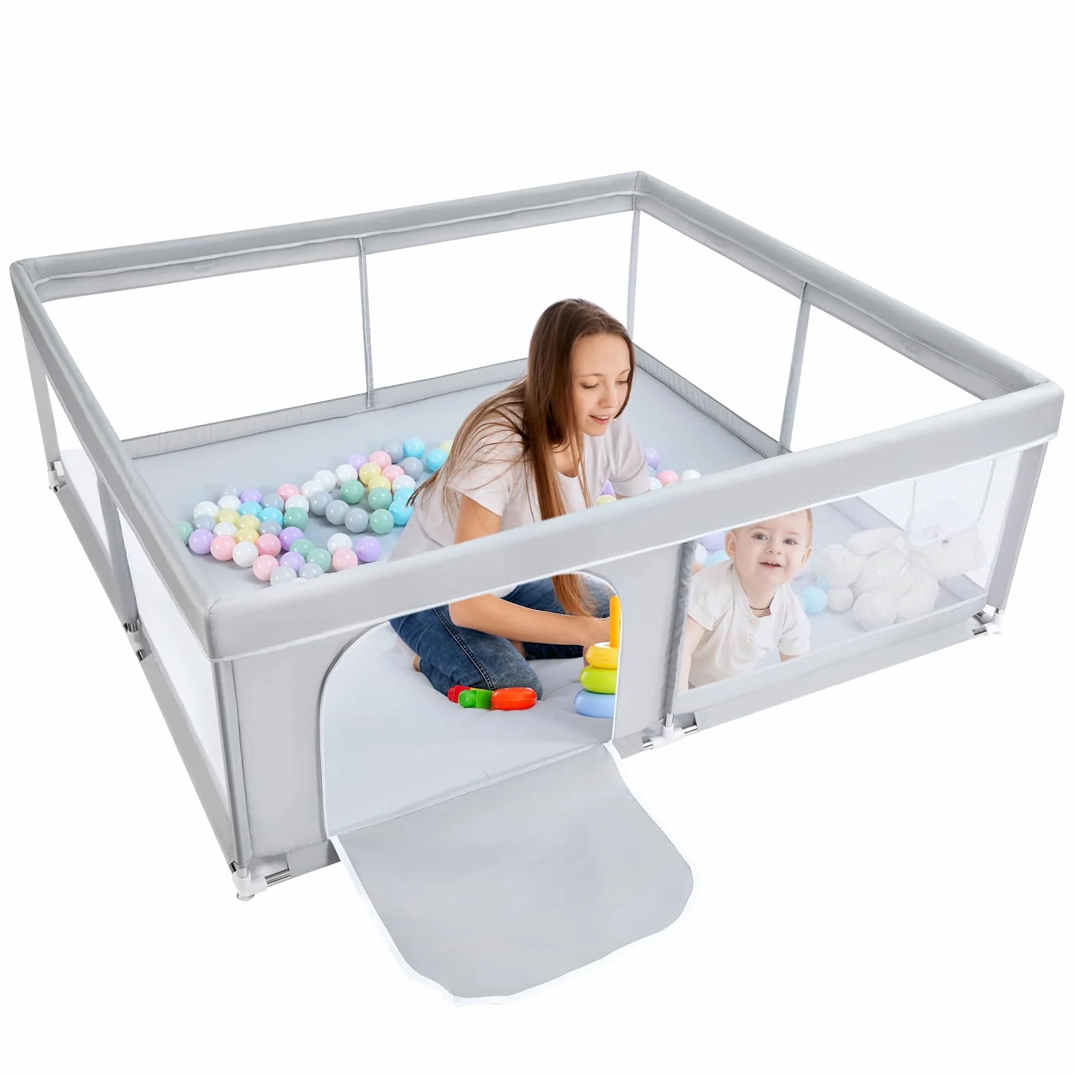 Grand Parc pour Bébé BEJOY XXL 180x200cm Protection Mousse Antidérapant Porte Fermeture Éclair Ronde Maille Respirante
