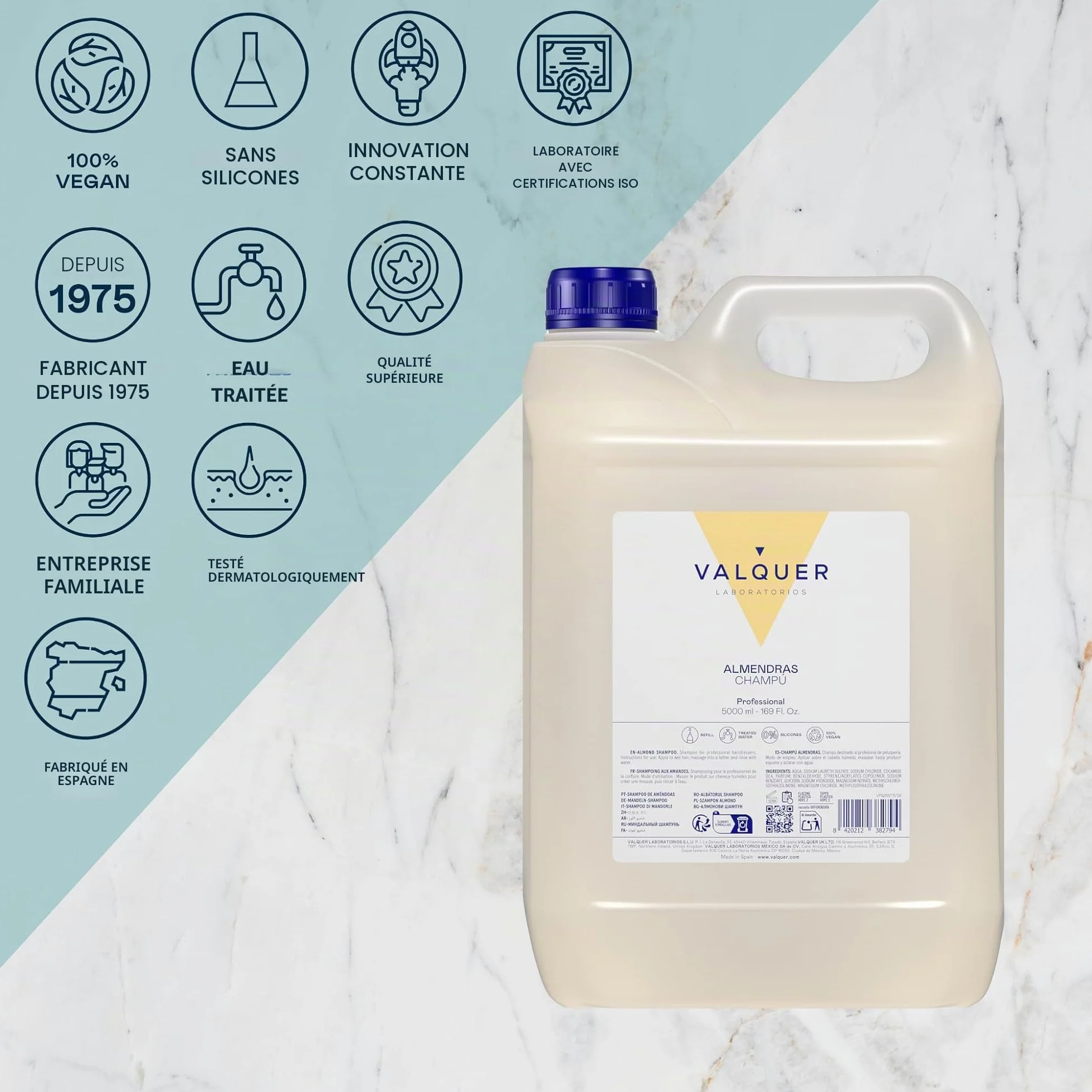 VALQUER Shampoing Professionnel Amande Douce 5L - Shampoing Usage Fréquent Vegan Sans Silicones