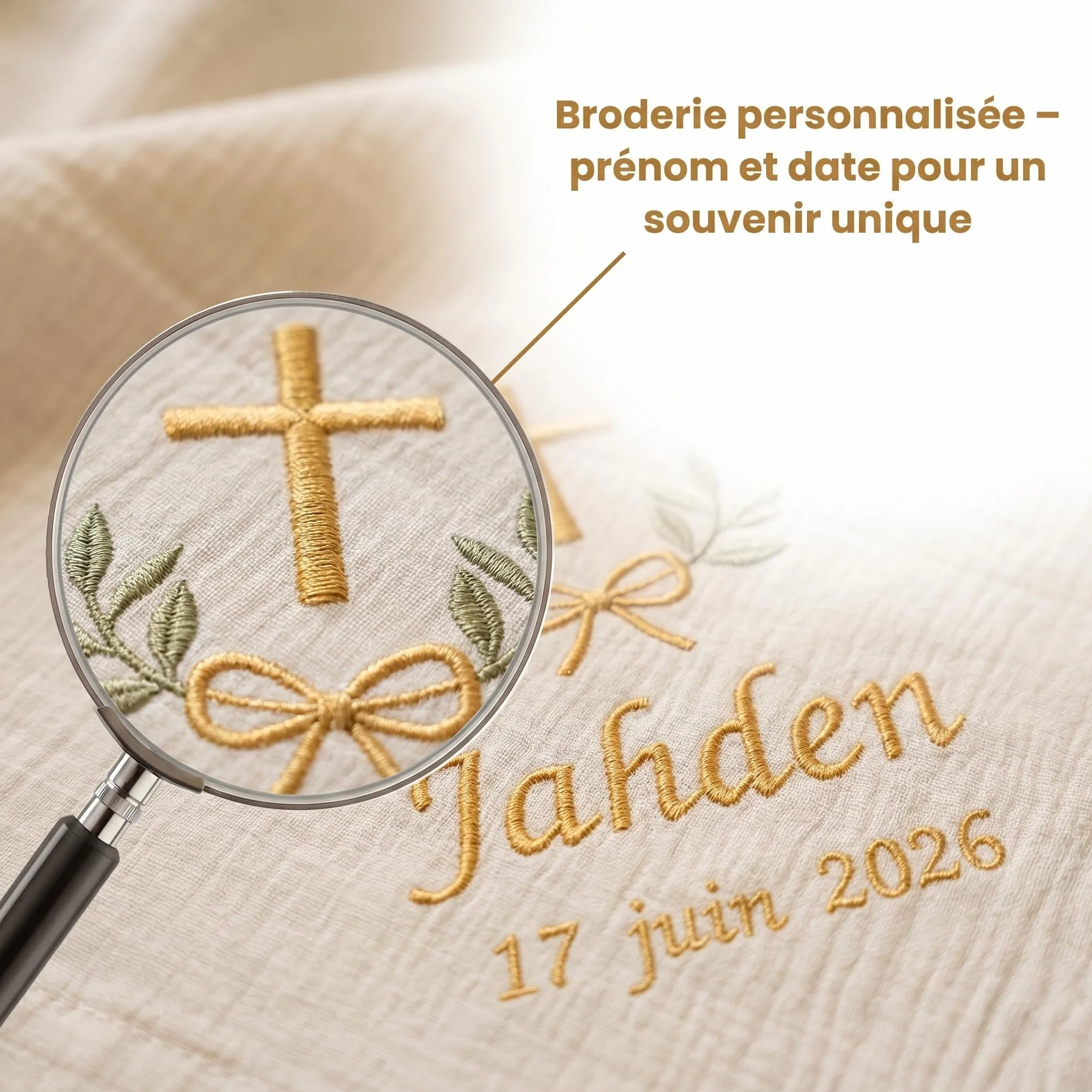 Couverture de Baptême Bébé Personnalisée en Coton Gaze Doux, Broderie Élégante, Style Français – Coffret Cadeau