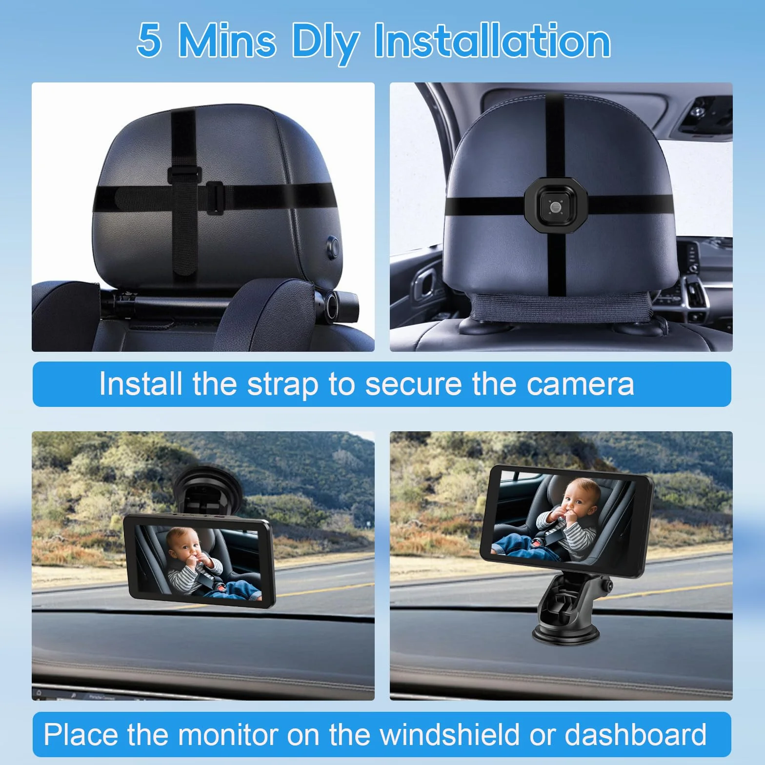 Caméra de Voiture pour Bébé 5" 1080P Vision Nocturne 170° Large Vision Moniteur Retroviseur