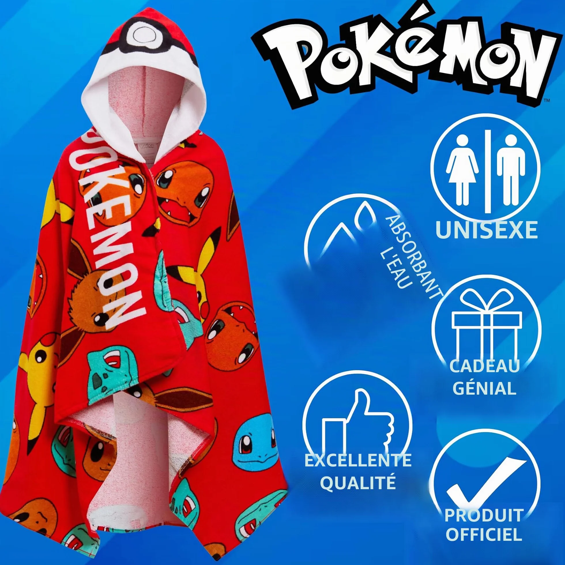 Pokémon Serviette à Capuche 100% Coton Enfants Poncho Pokeball Pikachu Plage Bain Wrap