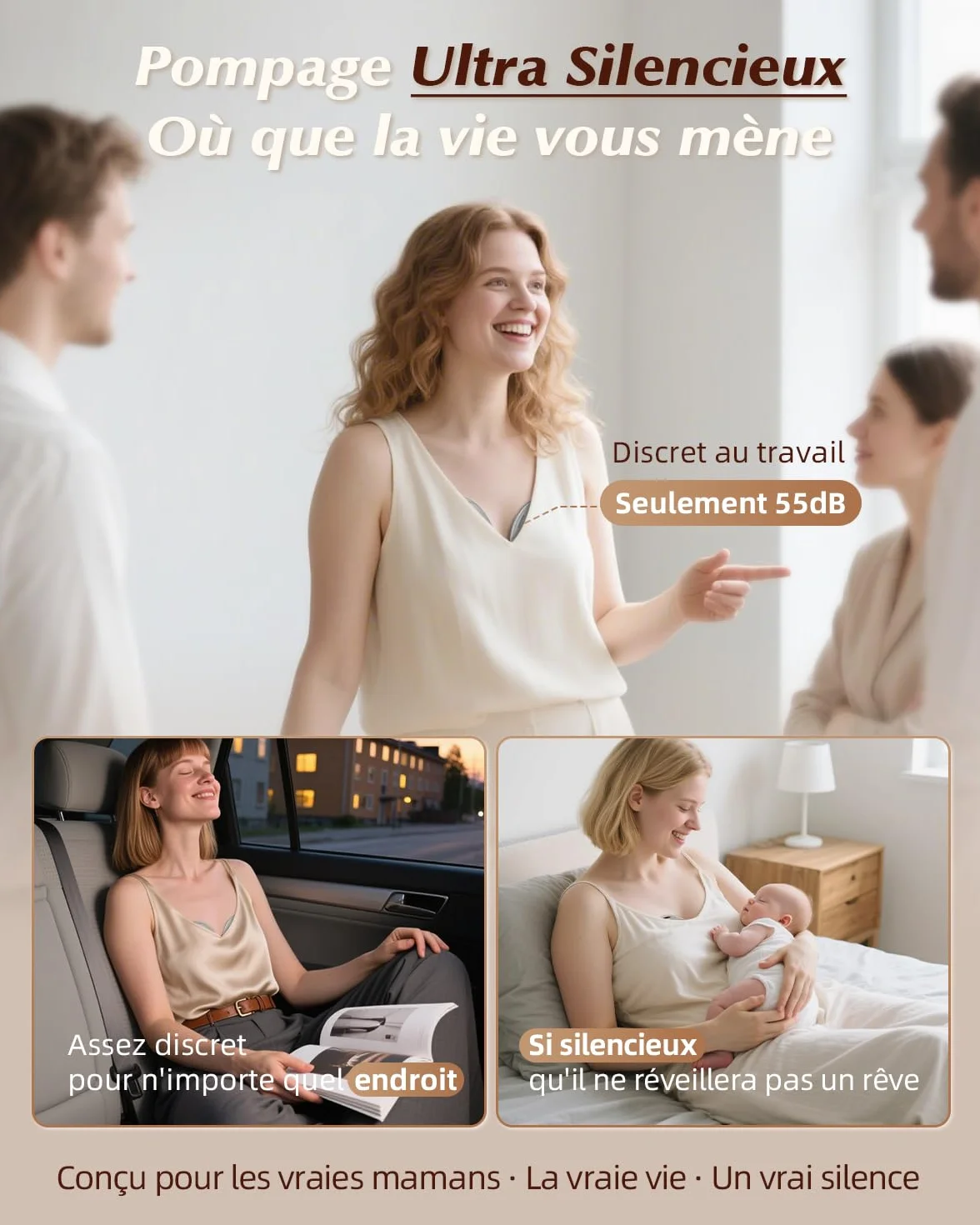 KISSBOBO K5 Tire-lait Électrique Mains Libres, 4 Modes 19 Niveaux, 280mmHg, Crème/2PCS