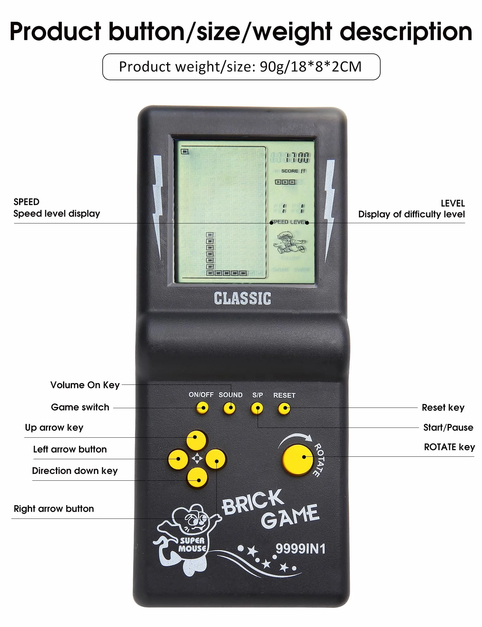 Console de Jeu Brique 3,5 Pouces Grand écran 23 Jeux Classiques Puzzle Nostalgique (Noir)