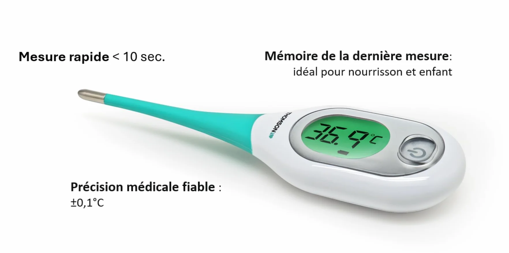 THOMSON Thermo D3 Thermomètre Digital Haute Précision Mesure Rapide <10s Écran LCD Rétroéclairé 3 Couleurs Mémoire Usage Oral Axillaire Rectal Étanche IP27