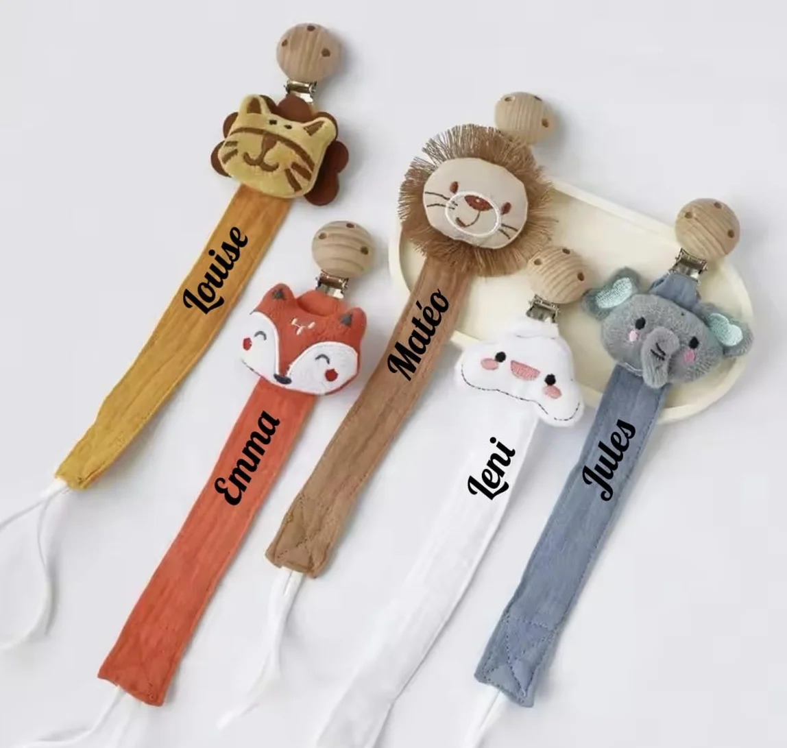 Attache tétine personnalisé prénom en gaze de coton bio bois animaux doudou éléphant nuage lion tigre écureuil