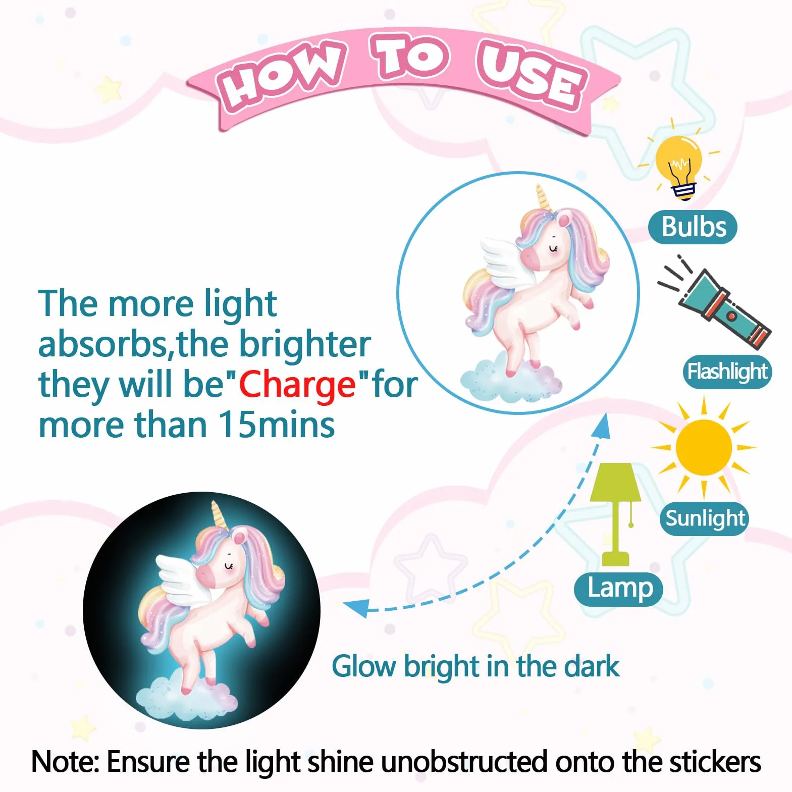 Licorne Étoile Lumineuse Autocollant Mural Arc en Ciel Décoration Murale Chambre Enfants