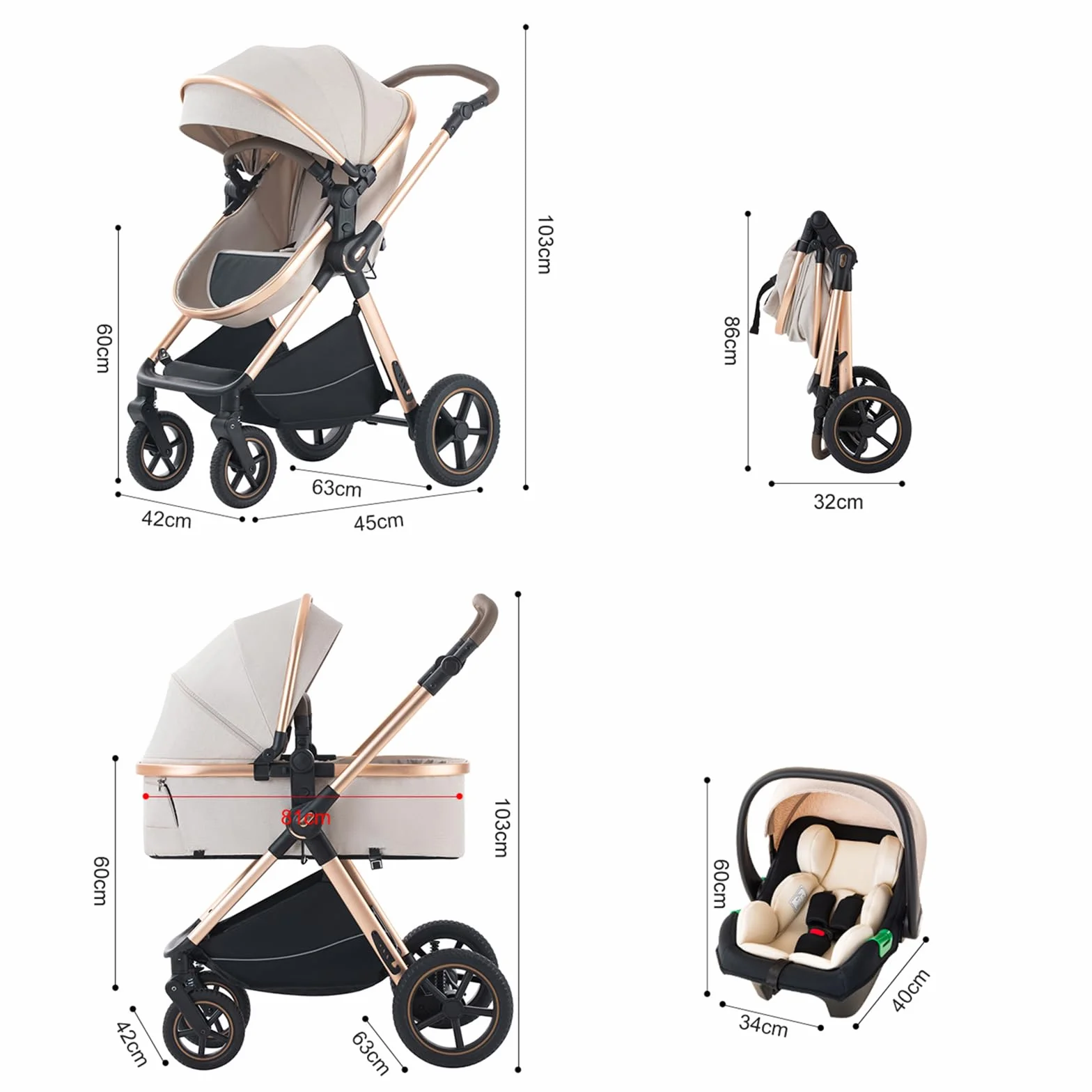 Poussette 3 en 1 avec porte-bébé 0 à 4 Ans jusqu'à 22 kg Pliable Noir
