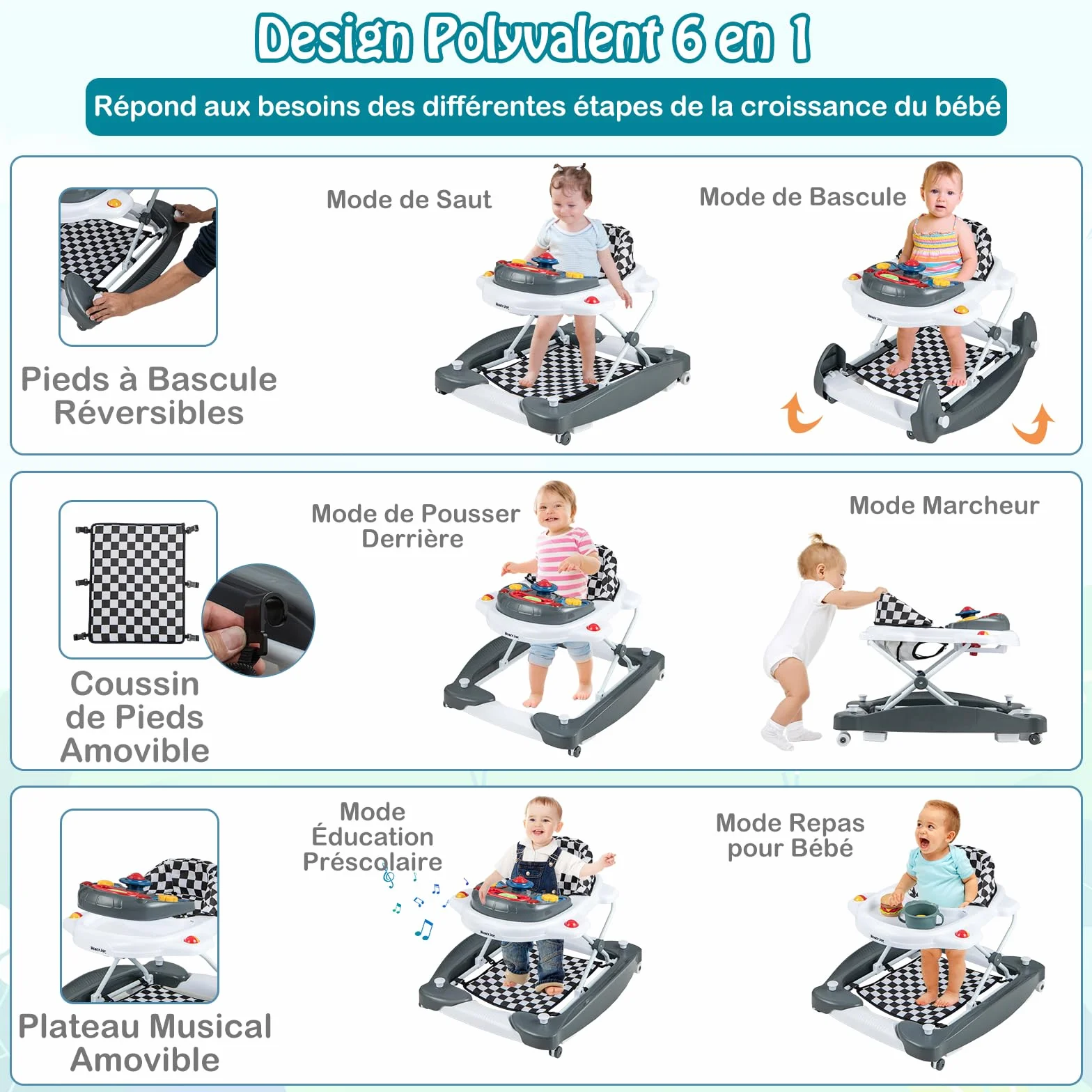 GOPLUS Trotteur Bébé Évolutif 6 en 1, Pliable avec 3 Hauteurs Réglables, Lumières, Musique, Charge 12KG, pour 6+ Mois, Gris