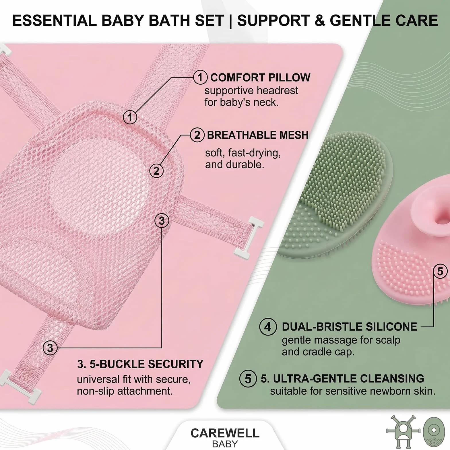 Hamac de Bain Antidérapant pour Bébé Pliable et Portable avec Deux Brosses à Shampooing (Rose)