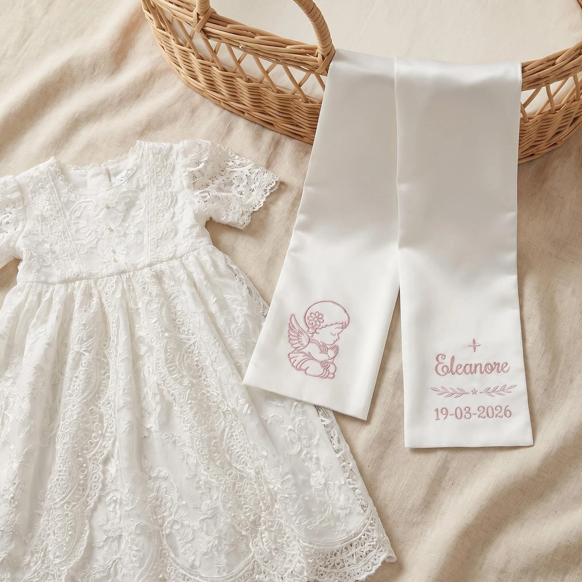 Écharpe de Baptême Personnalisée Enfant, Brodée Prénom et Date, Satin Blanc Ange ou Croix, Cadeau avec Coffret