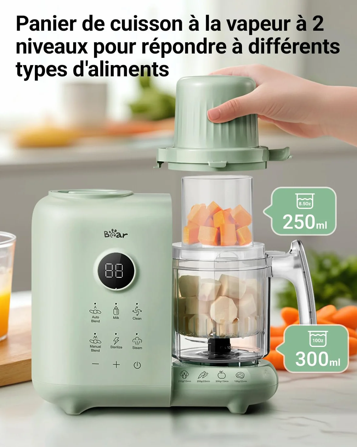 Robot Cuiseur Mixeur Bébé 500ml Panier Vapeur Multifonctions Automatique Sans BPA