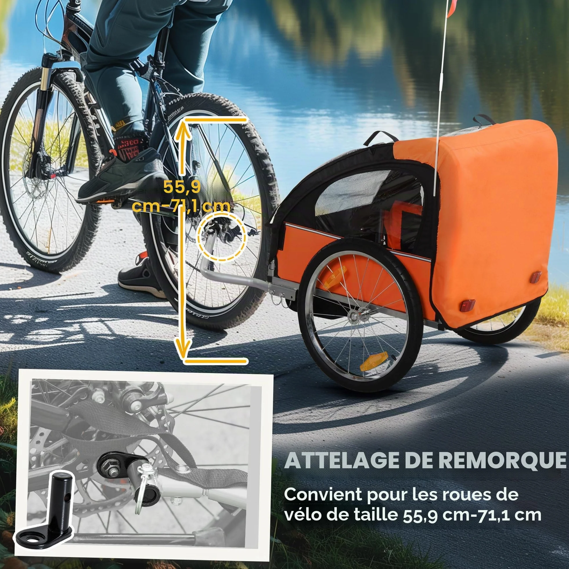 HOMCOM Remorque vélo enfants 2 sièges ceintures sécurité cadre acier housse Oxford Orange