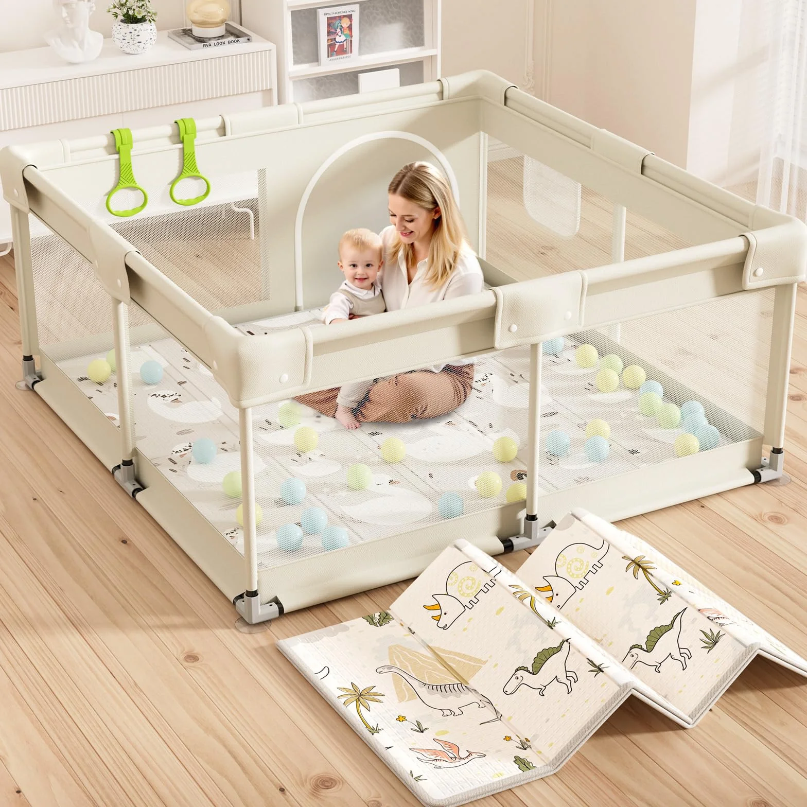 Parc Bébé Beige 120x120cm avec Tapis et Toile Oxford Durable, 2 Poignées Incluses