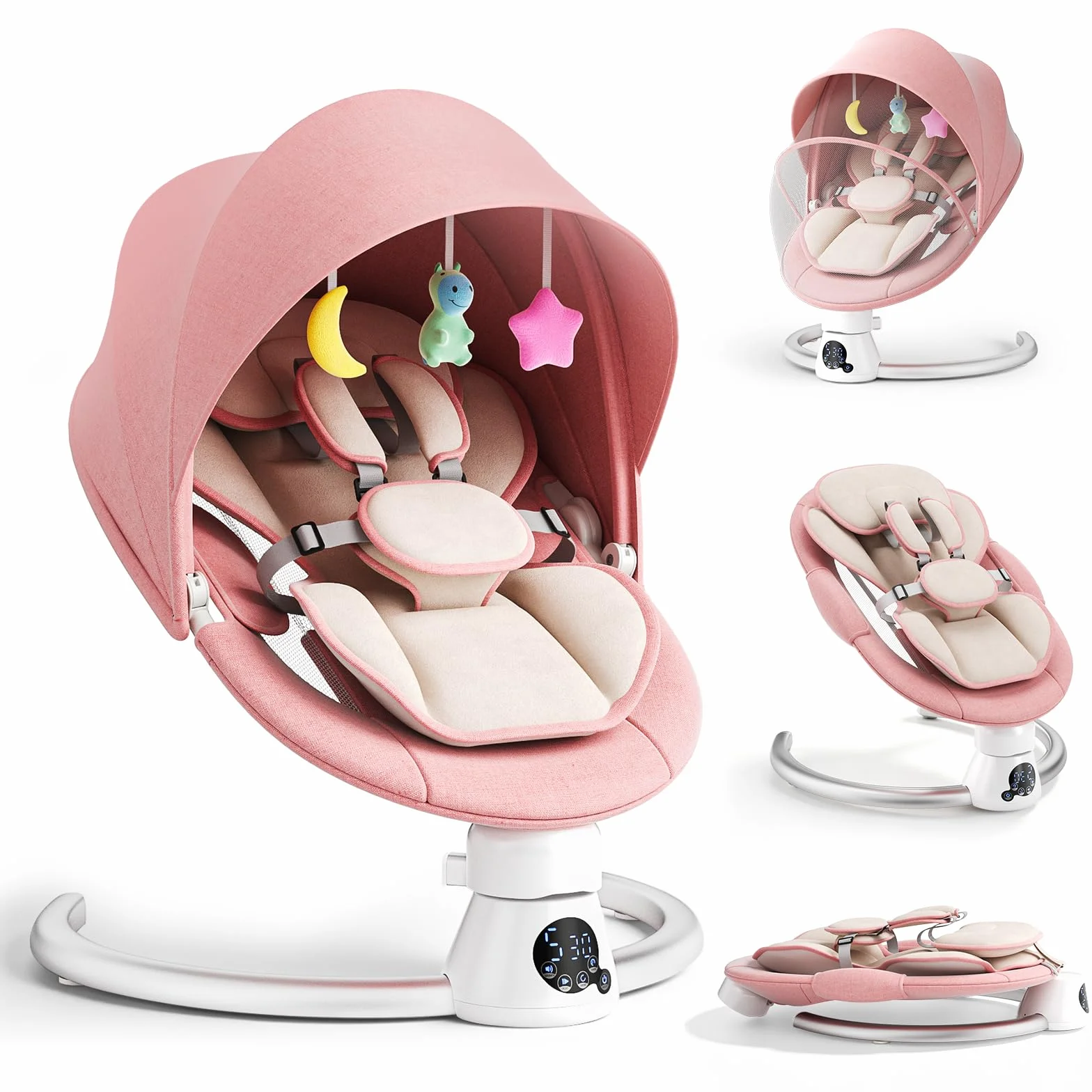 Balançoire Électrique pour Bébé Transat avec Dossier Réglable 2 Niveaux, Bluetooth, 12 Sons, Télécommande, 2 Alimentations (Rosa)