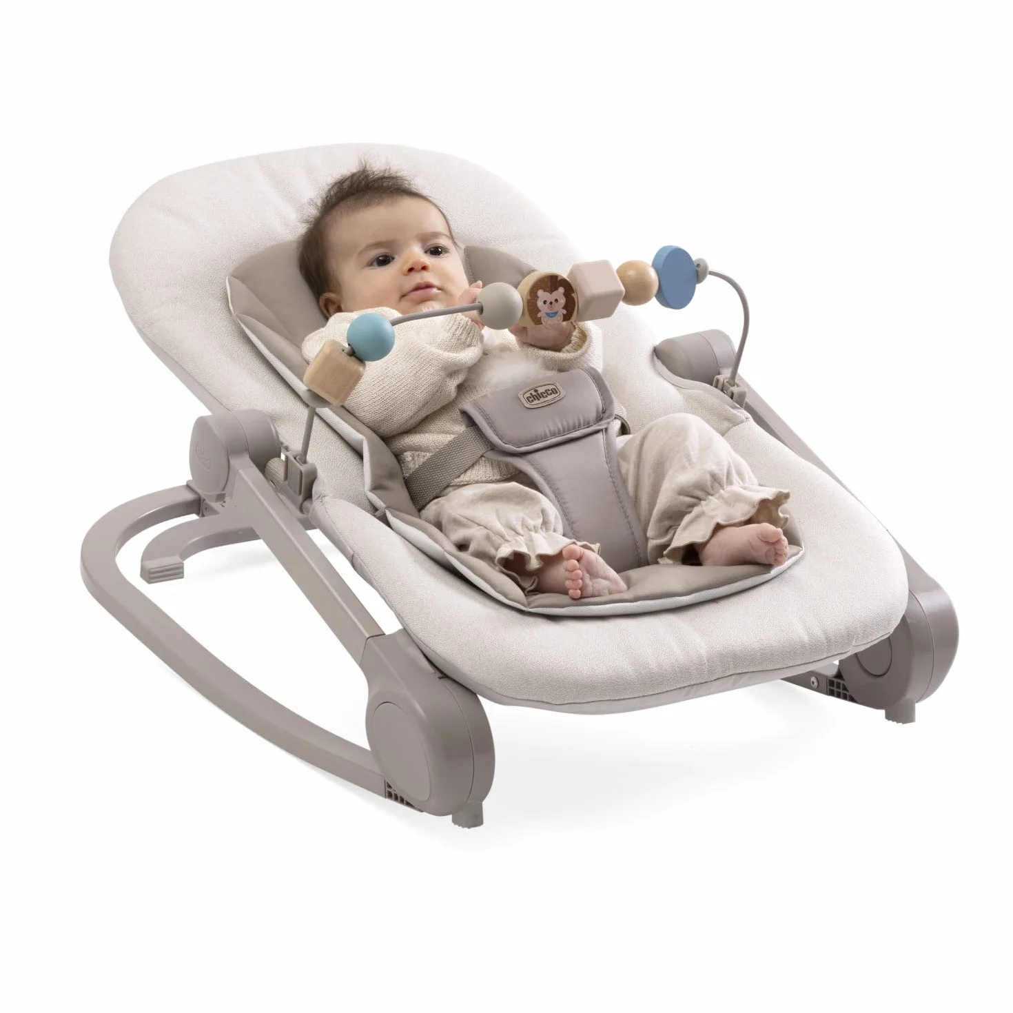 Chicco Transat Magia 2-en-1 : Transat Nouveau-né et Chaise jusqu'à 18 kg, Barre de Jeux Bois, Mode Balancelle ou Fixe, Dossier Réglable